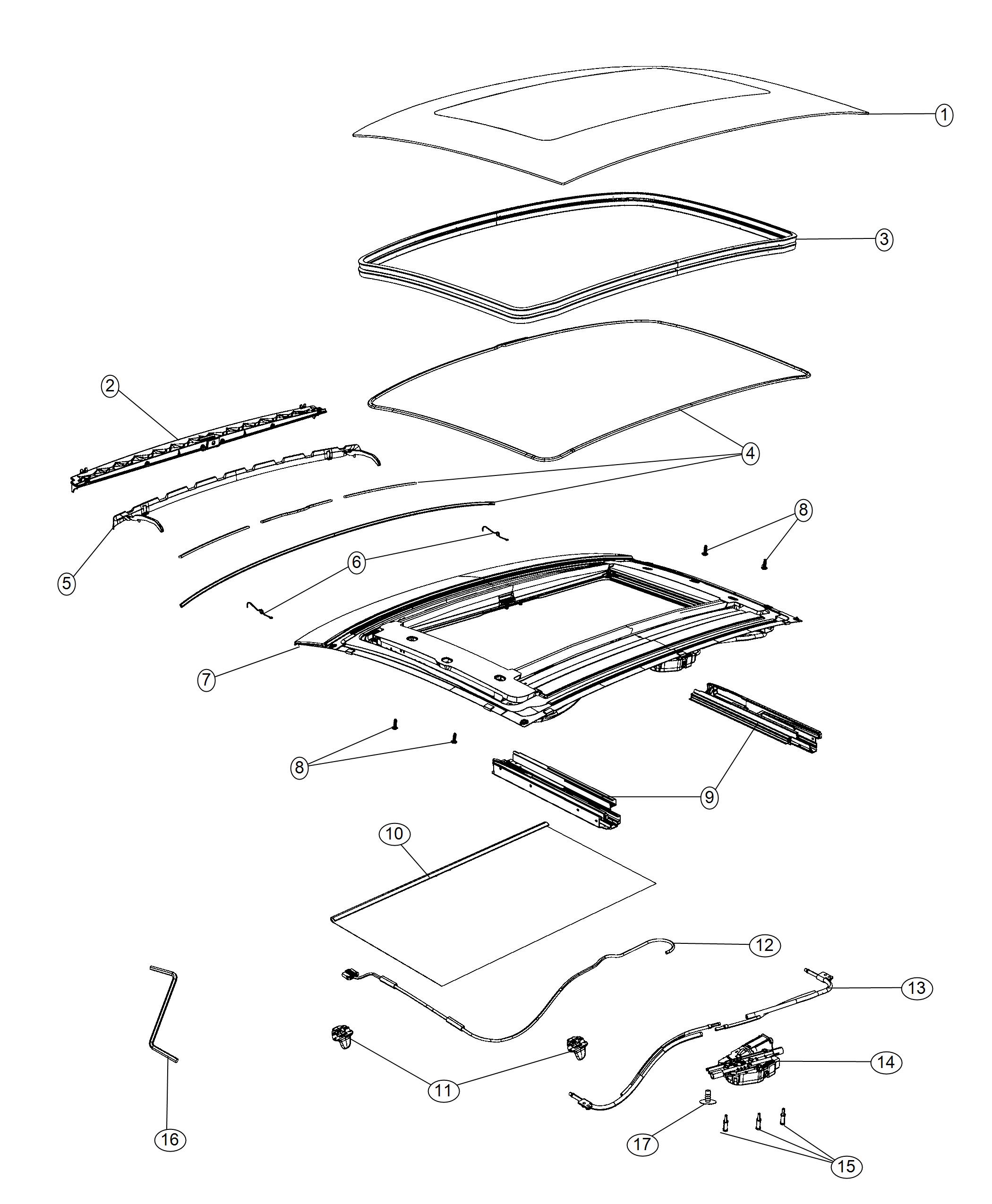 Diagram Sunroof and Component Parts [Power Sunroof]. for your 2021 Fiat 500X   