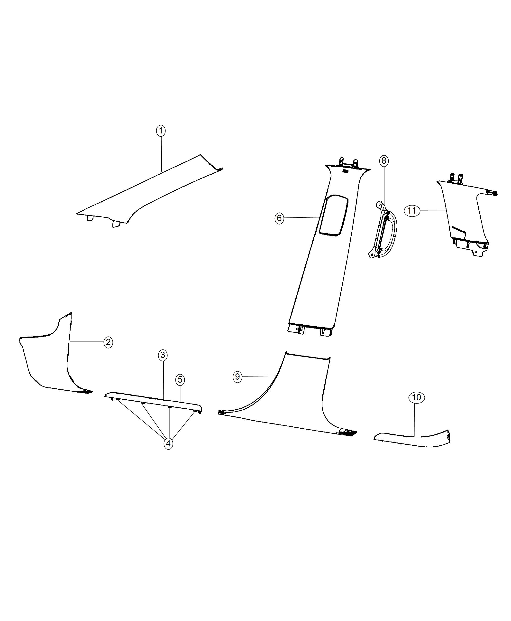 Diagram Interior Moldings, Pillar Panels, and Scuff Plates. for your 2022 Ram 1500   