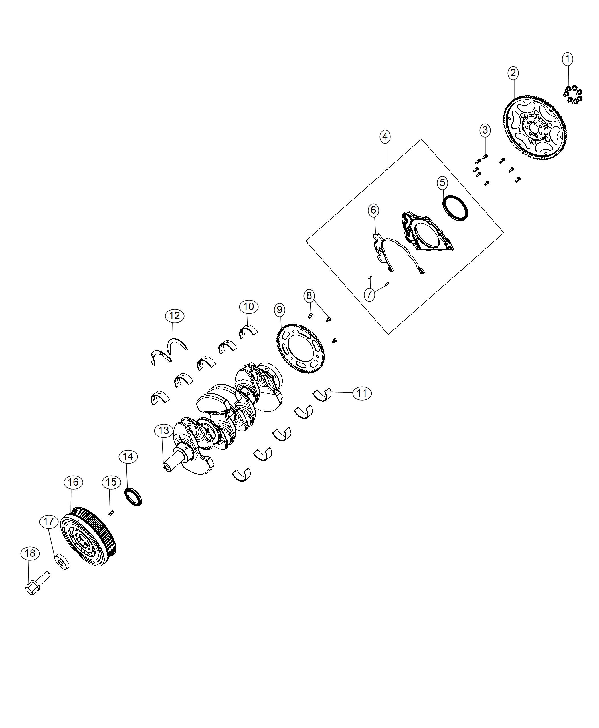 Diagram Crankshaft, Crankshaft Bearings, Damper And Flywheel 2.0L Direct Injected Turbo. for your 2007 Jeep Wrangler   