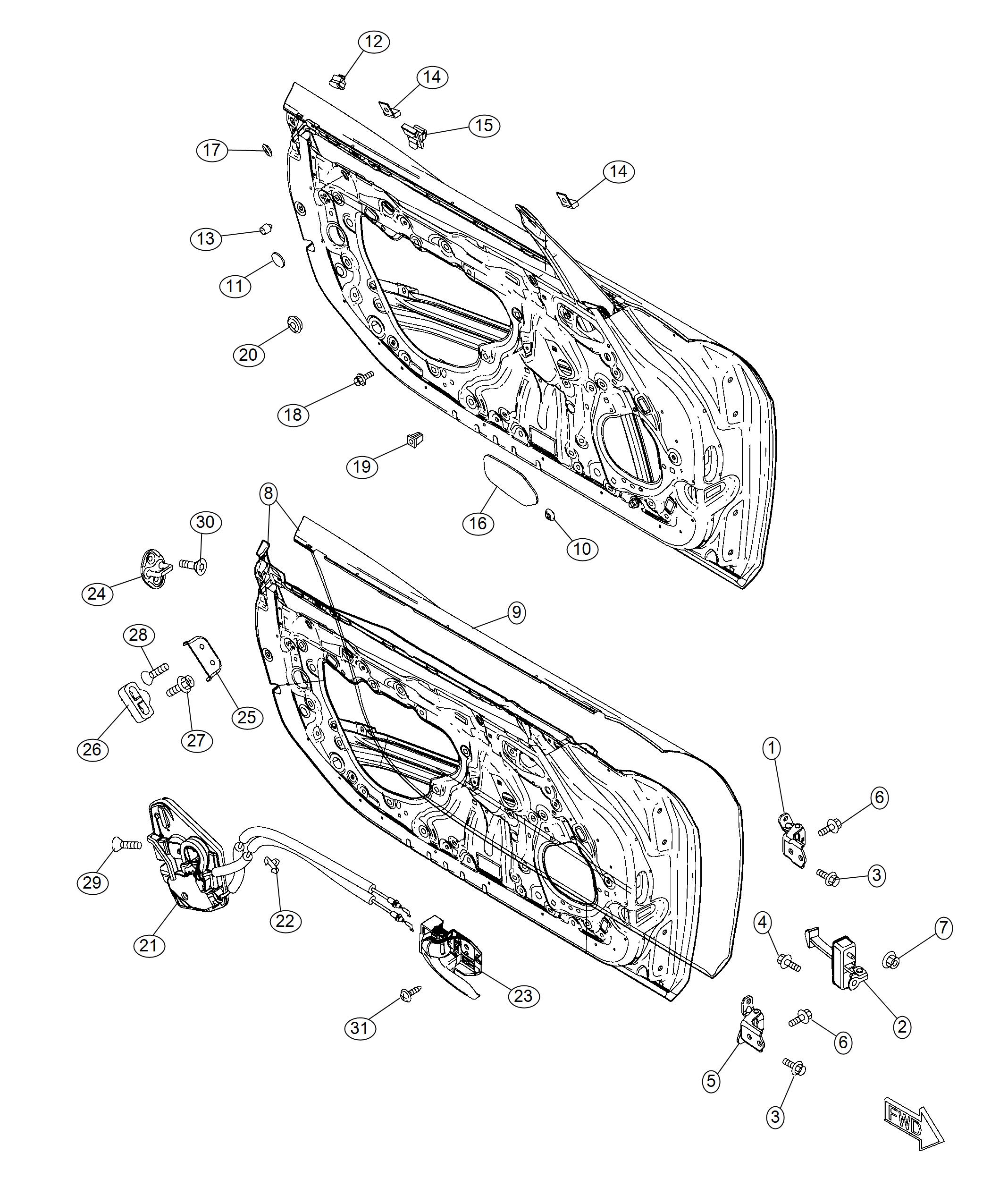 Diagram Front Door, Shell and Hinges. for your Fiat 124 Spider  