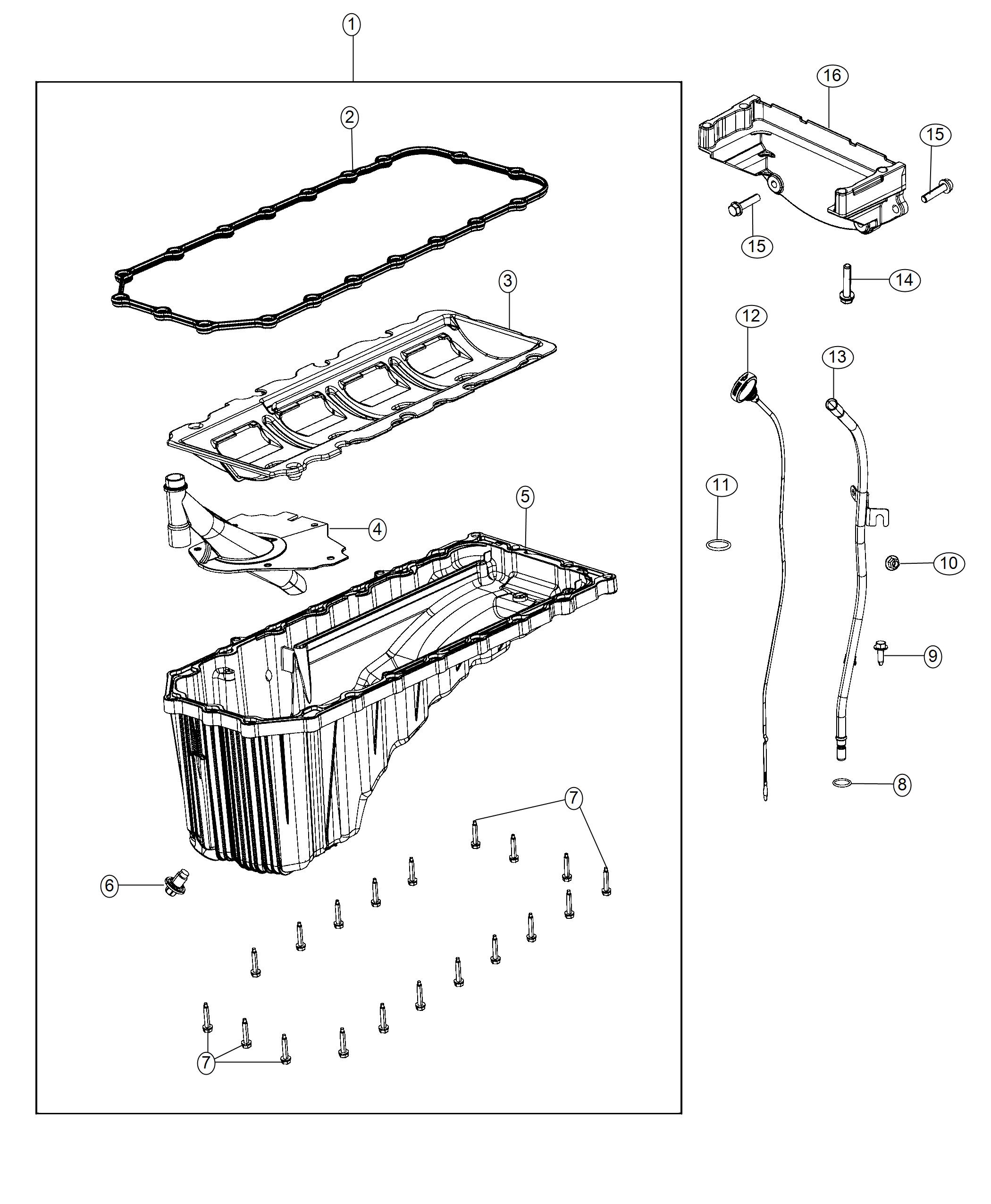 Diagram Engine Oil Pan, Engine Oil Level Indicator And Related Parts 5.7L [5.7L V8 HEMI MDS VVT Engine]. for your 2000 Chrysler 300  M 