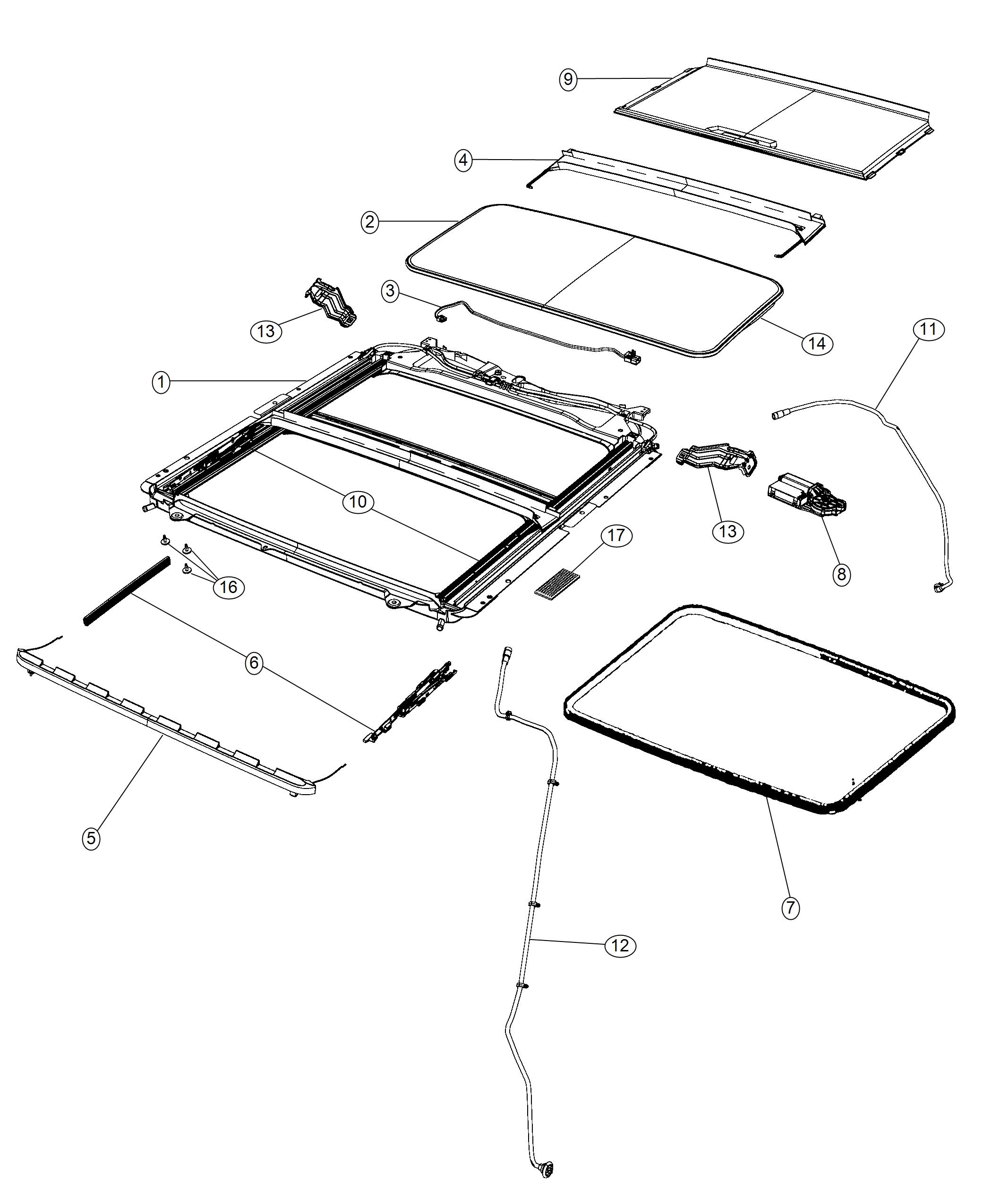 Diagram Sunroof Glass and Component Parts. for your 2019 Ram 1500   