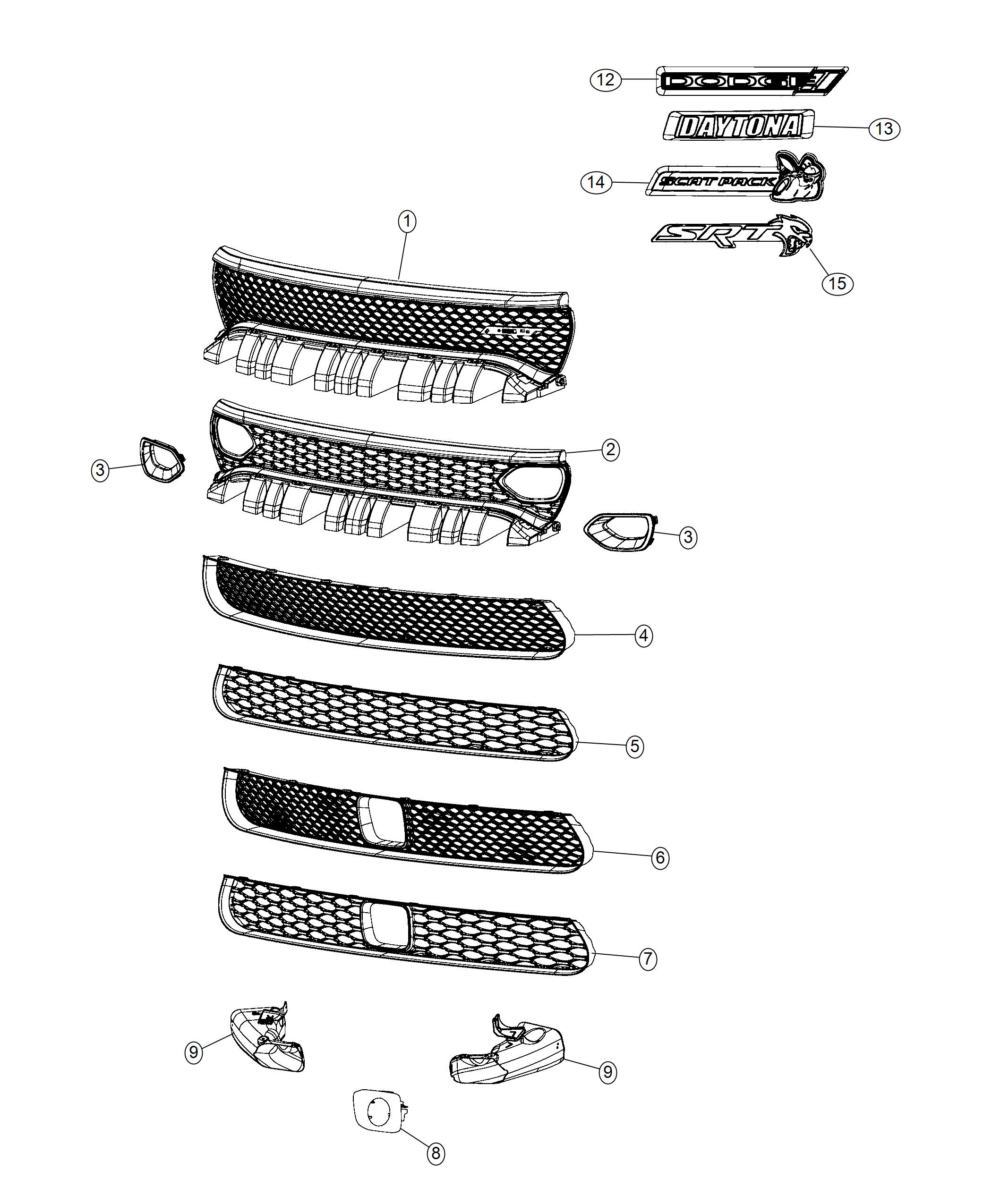 Grilles and Related Items, SRT, Scat Pack, Daytona. Diagram