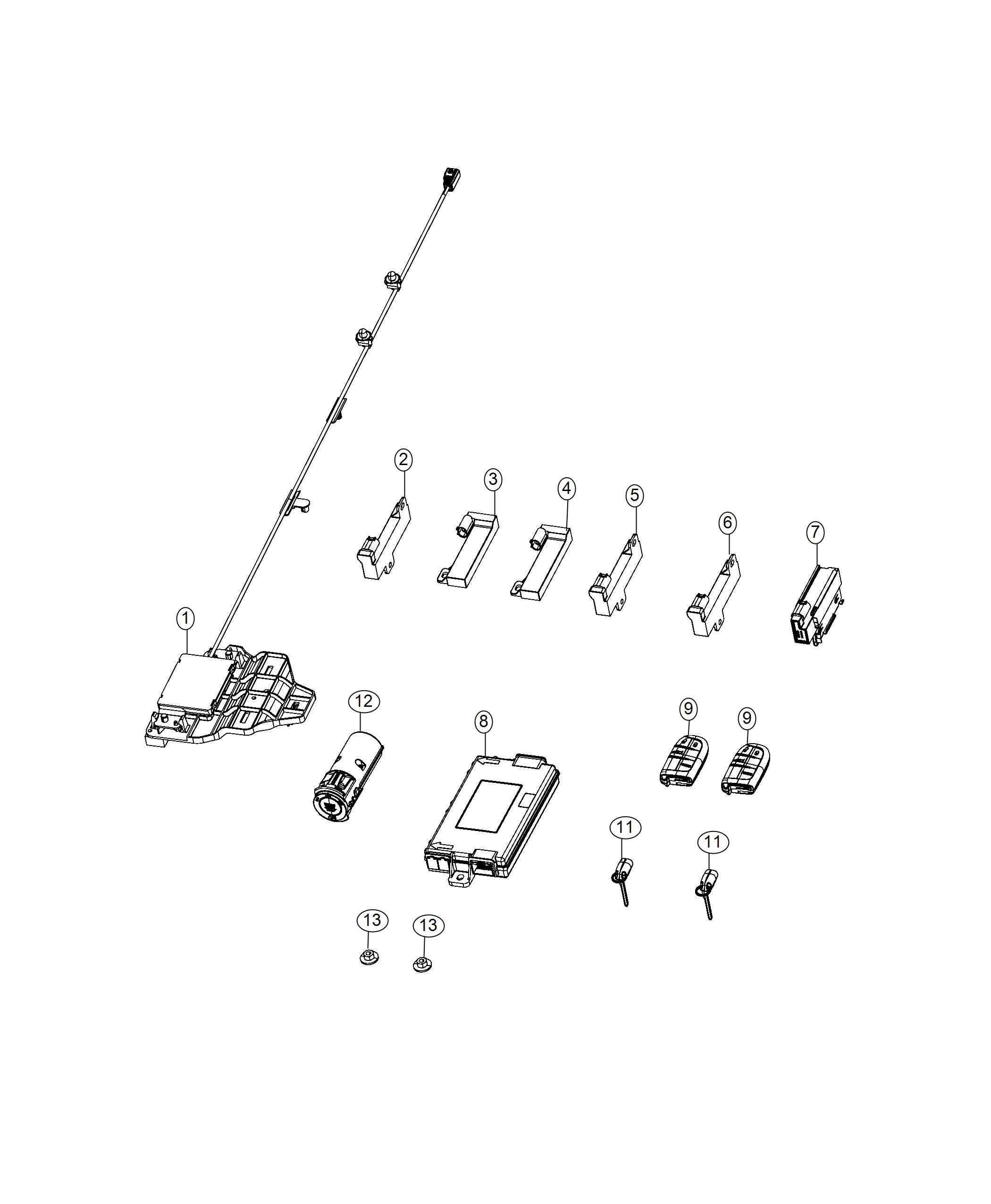 Module, Receivers, Keys, Key FOBs and Ignition Node. Diagram