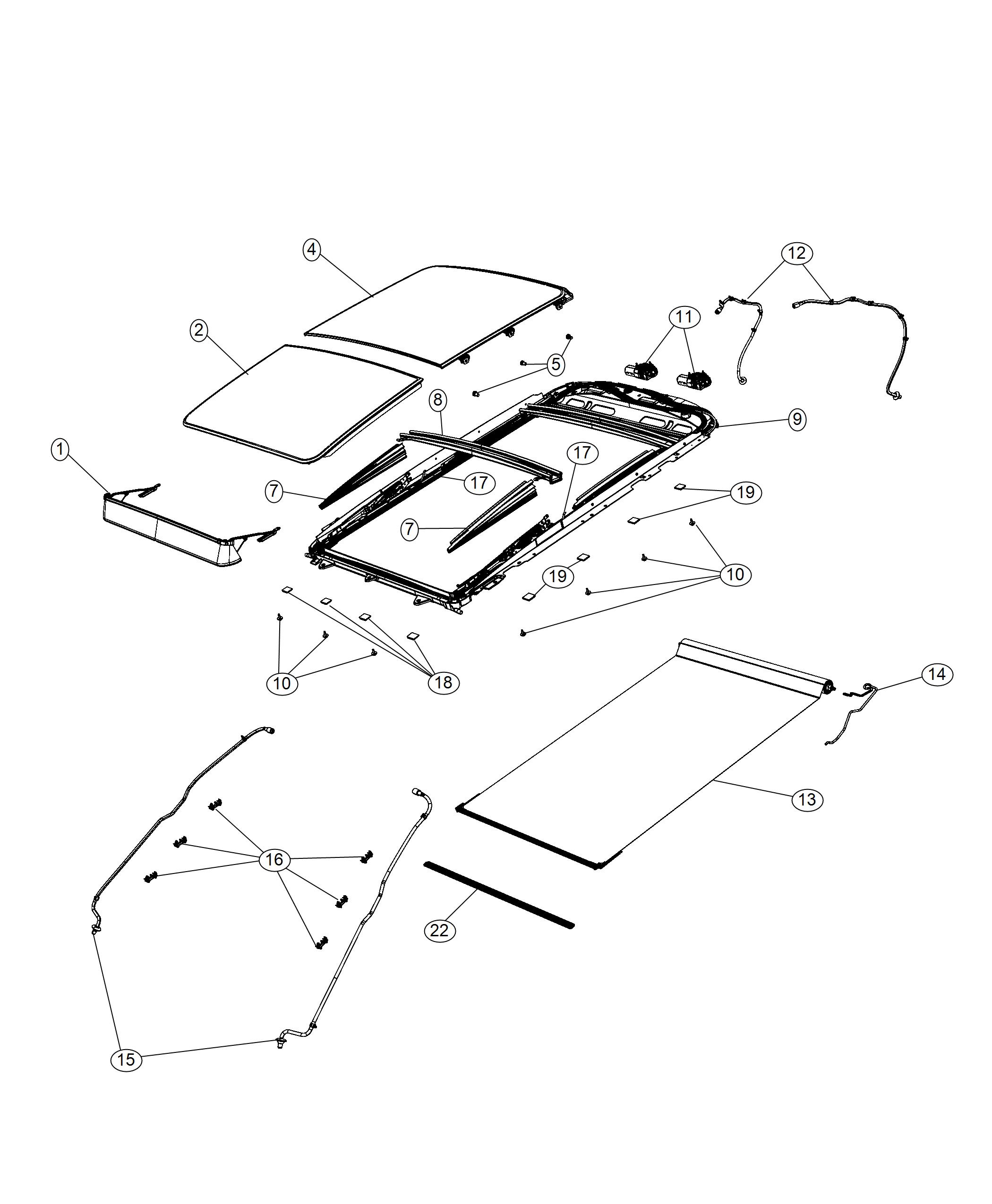 Diagram Sunroof and Component Parts [Full Sunroof, Pwr Frt, Fixed Rear]. for your 1999 Jeep Cherokee   