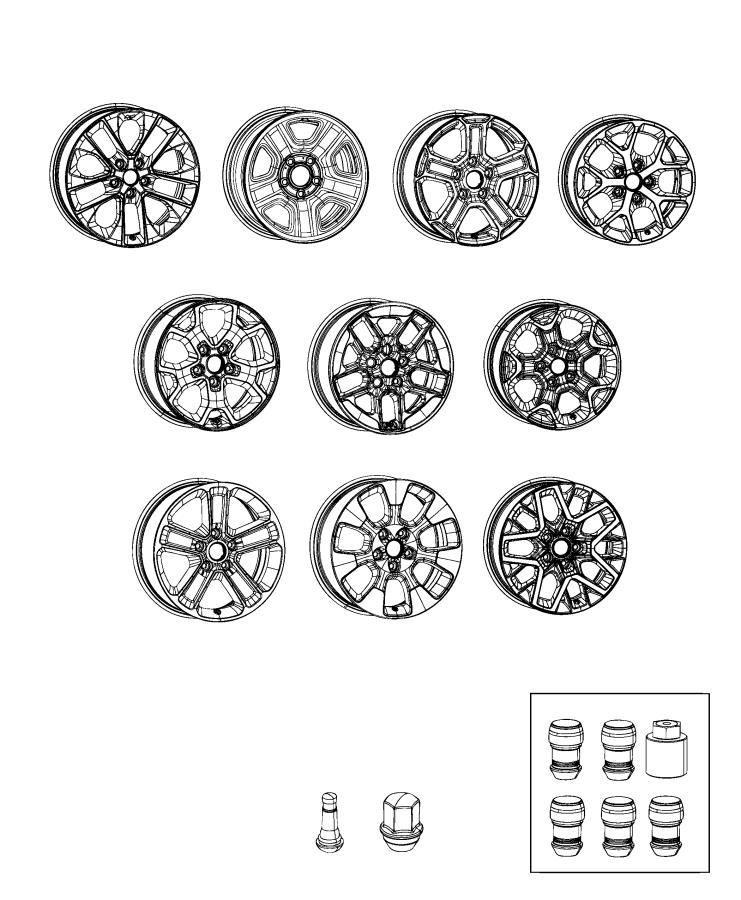 Diagram Wheels and Hardware. for your 2022 Jeep Wrangler 3.0L Turbo V6 Diesel M/T 4WD Unlimited Rubicon 