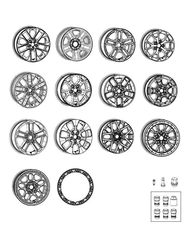 Diagram Wheels and Hardware. for your 2022 Jeep Wrangler 3.0L Turbo V6 Diesel M/T 4WD Unlimited Rubicon 