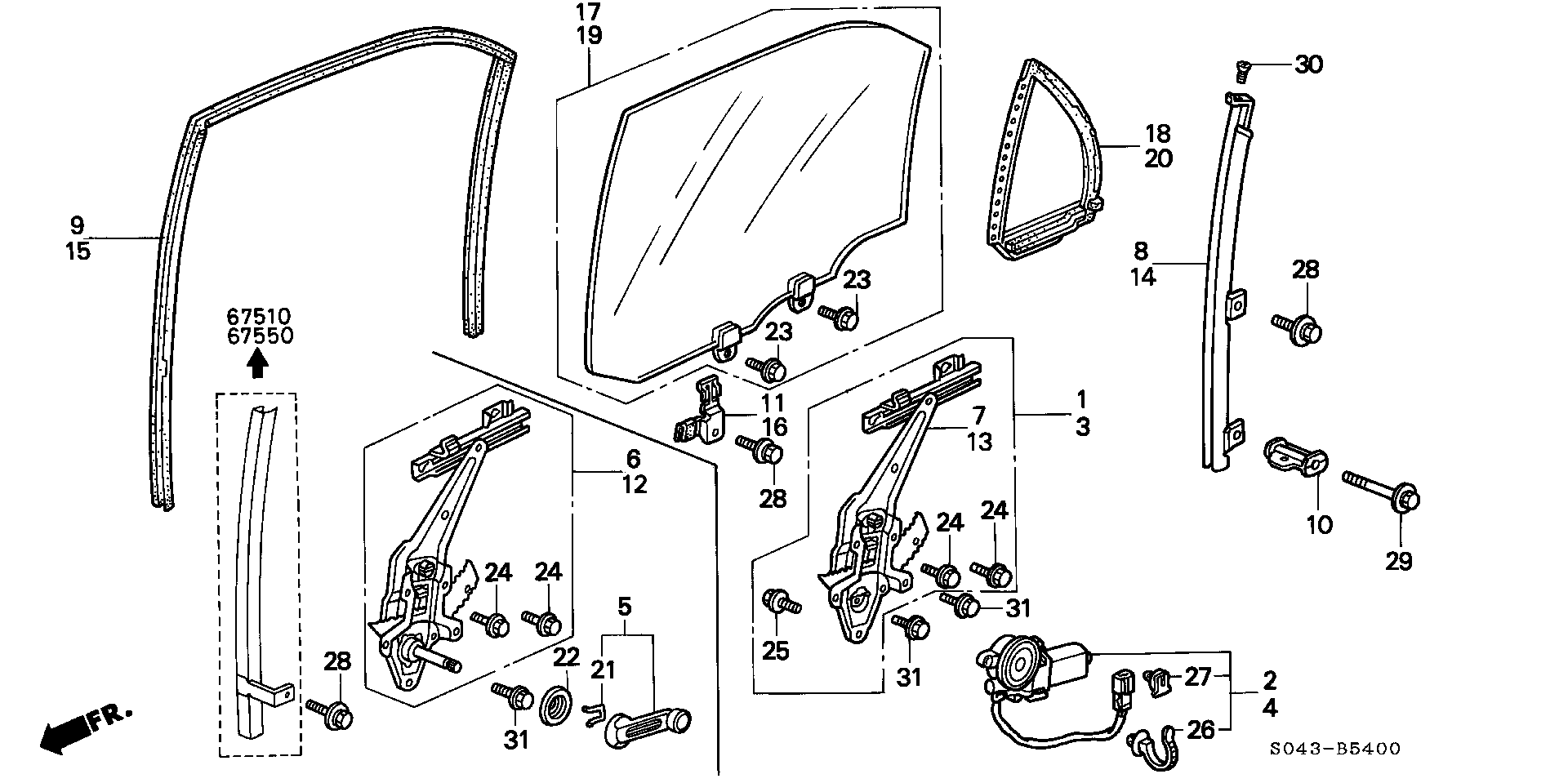 Diagram REAR DOOR WINDOWS for your 1996 Honda