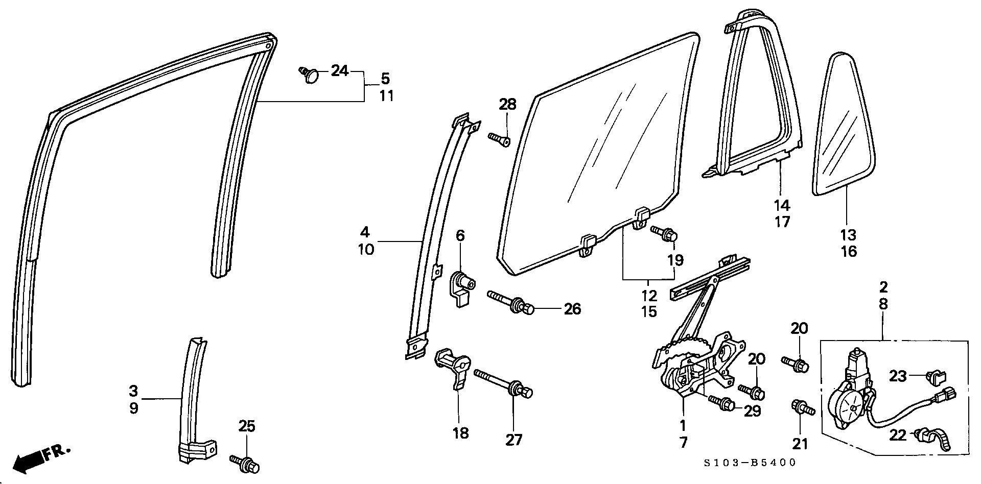 Diagram REAR DOOR WINDOWS for your 1989 Honda CRX   