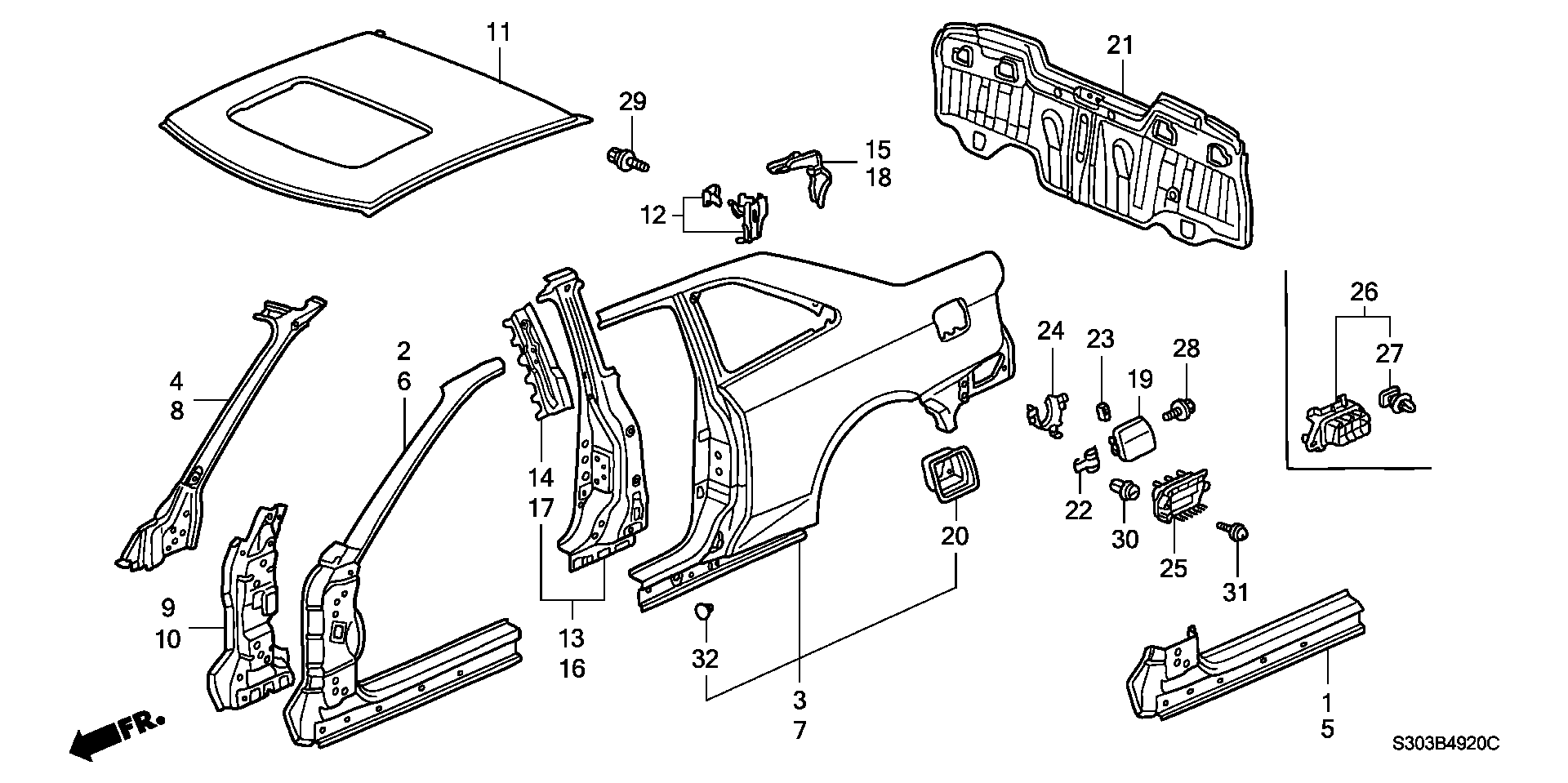 Diagram OUTER PANEL (PLASMA STYLE  PANEL) for your 1995 Honda Civic Hatchback   