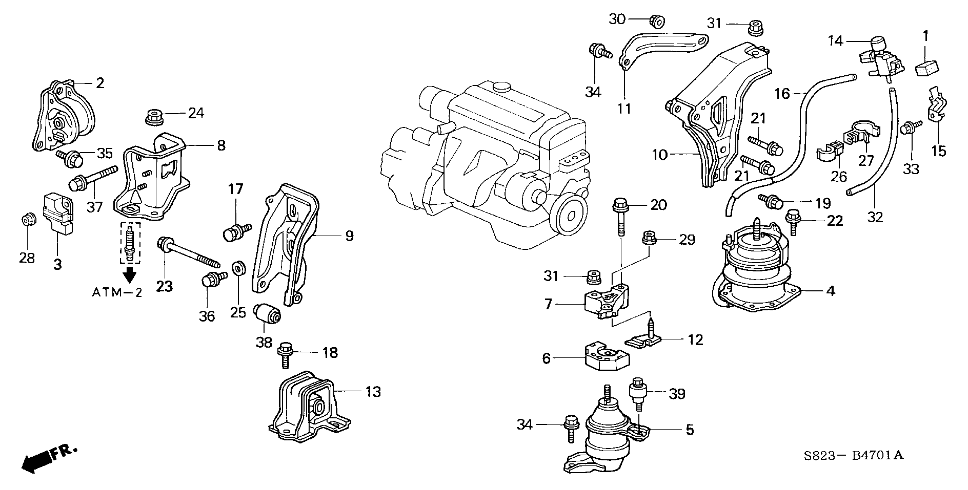 Diagram ENGINE MOUNTS (L4) (AT) (1) for your 1990 Honda Accord Coupe 2.2L AT LX 