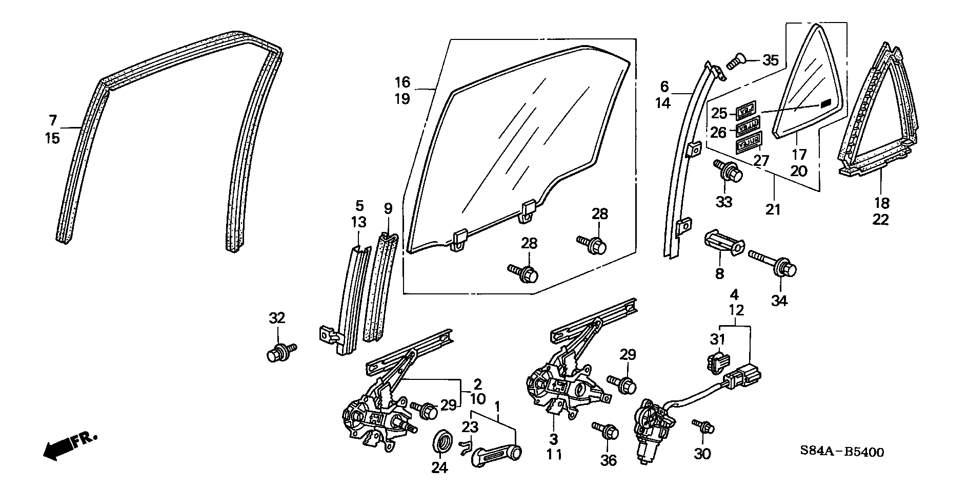 Diagram REAR DOOR WINDOWS for your Honda