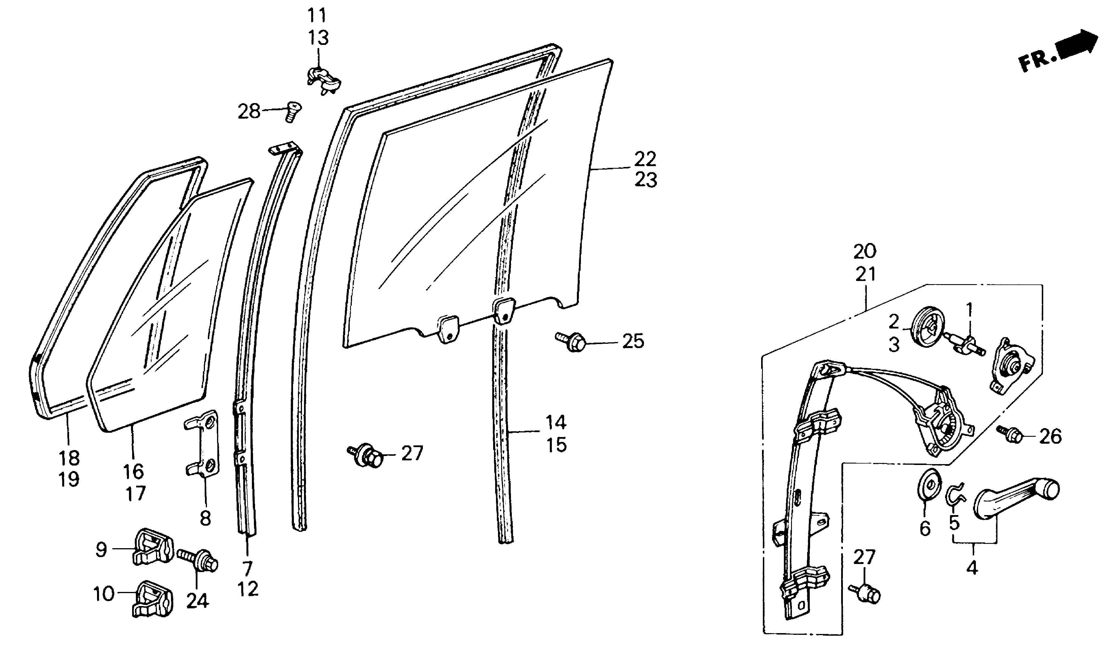 Diagram REAR DOOR WINDOWS for your 1990 Honda Accord Coupe 2.2L MT LX 