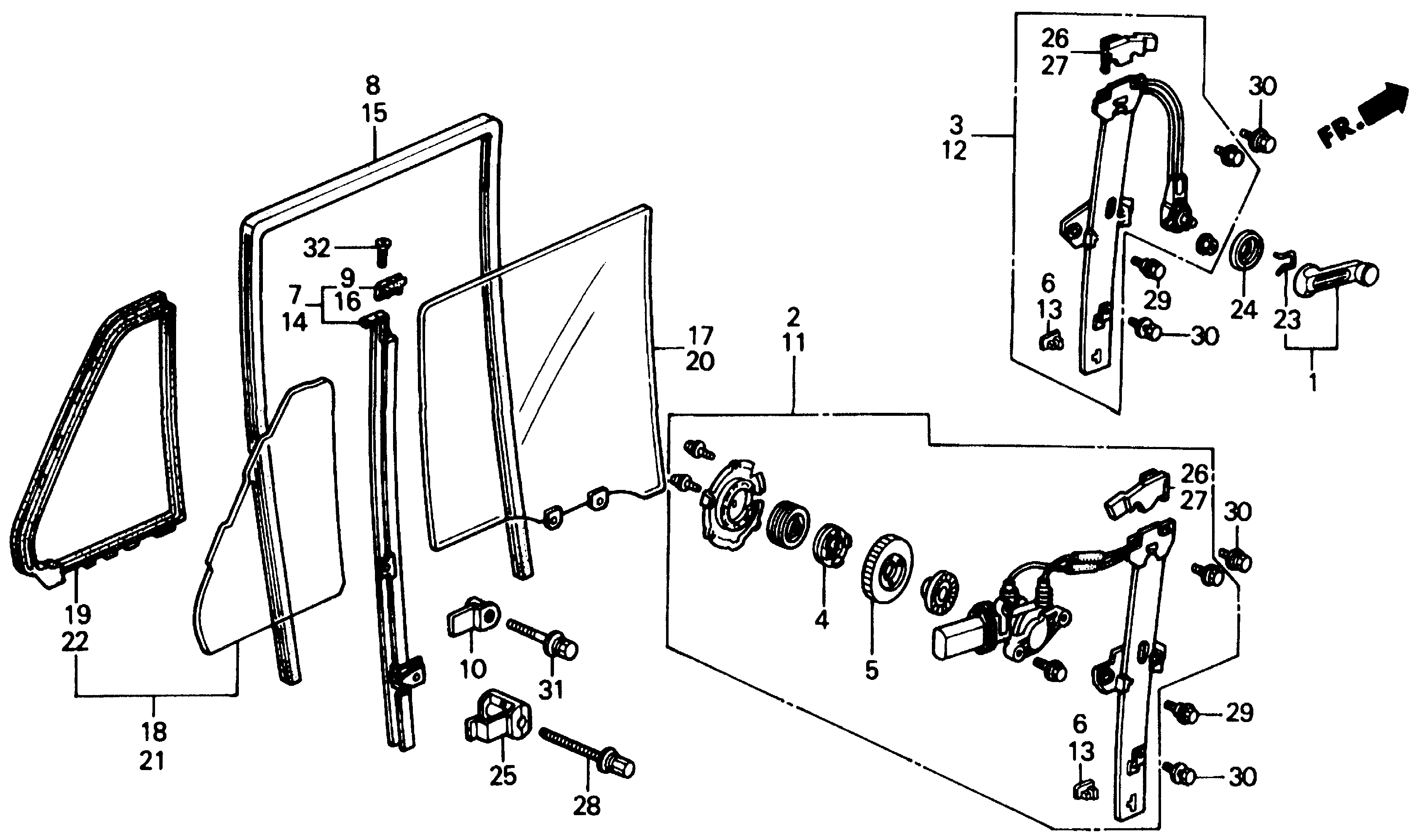 Diagram REAR DOOR WINDOWS for your 1990 Honda Accord Coupe 2.2L MT LX 