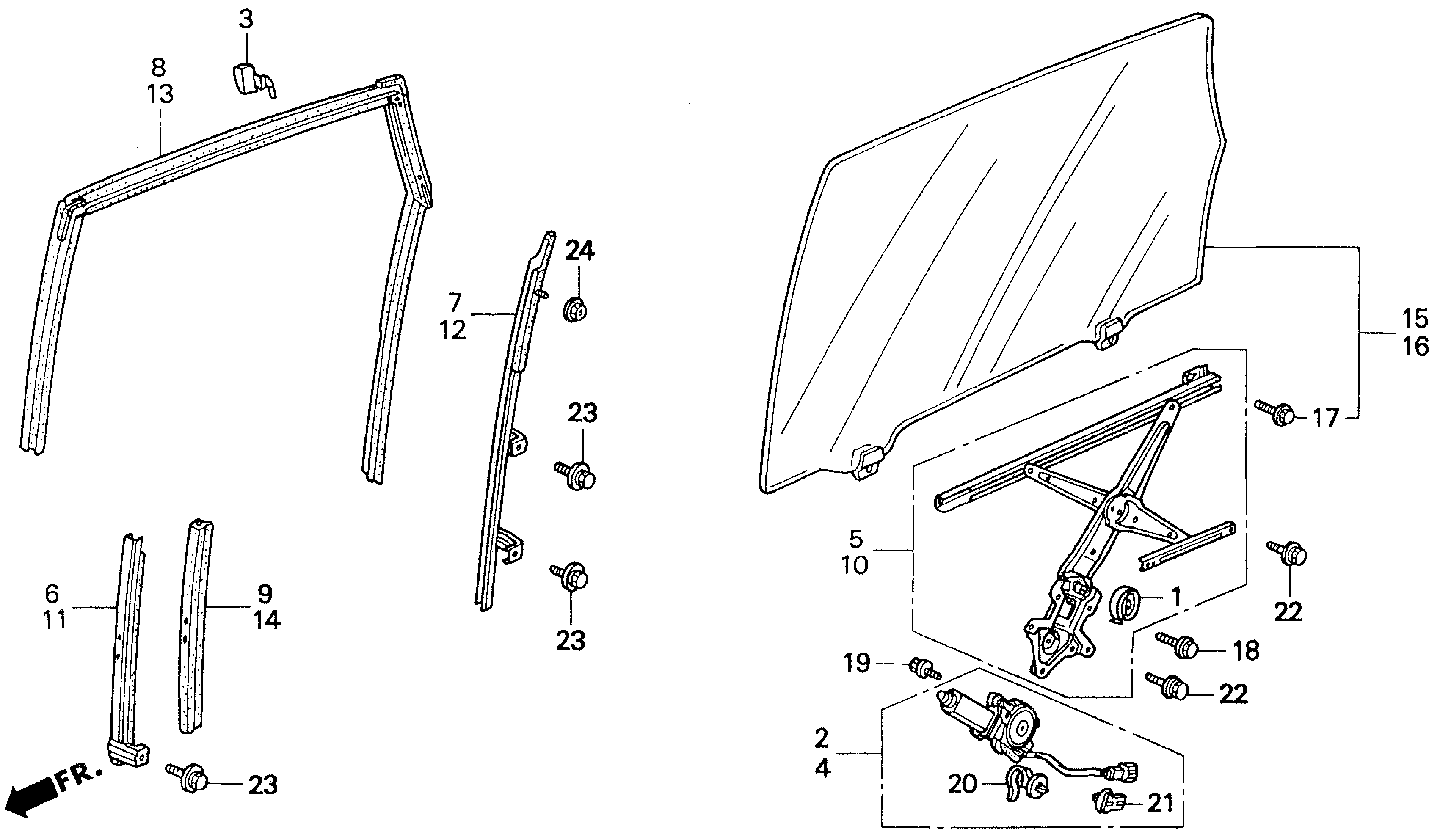 Diagram REAR DOOR WINDOWS for your 1996 Honda