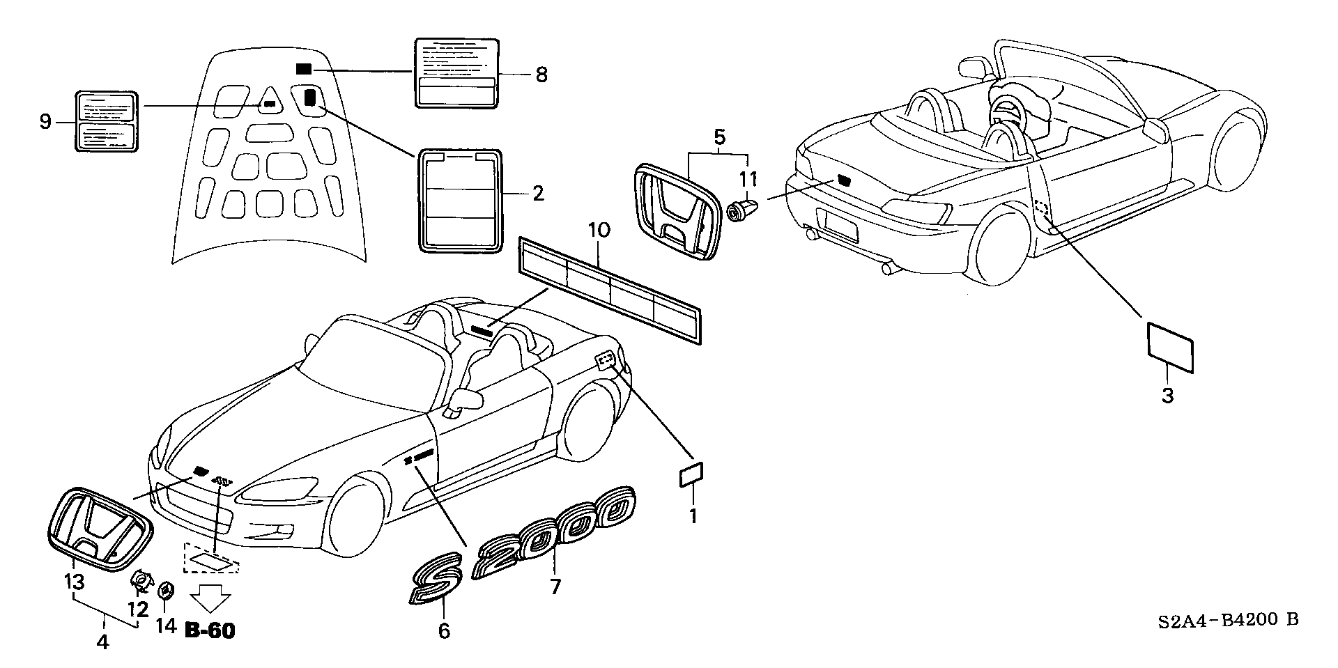 Diagram EMBLEMS@CAUTION LABELS for your Honda S2000  