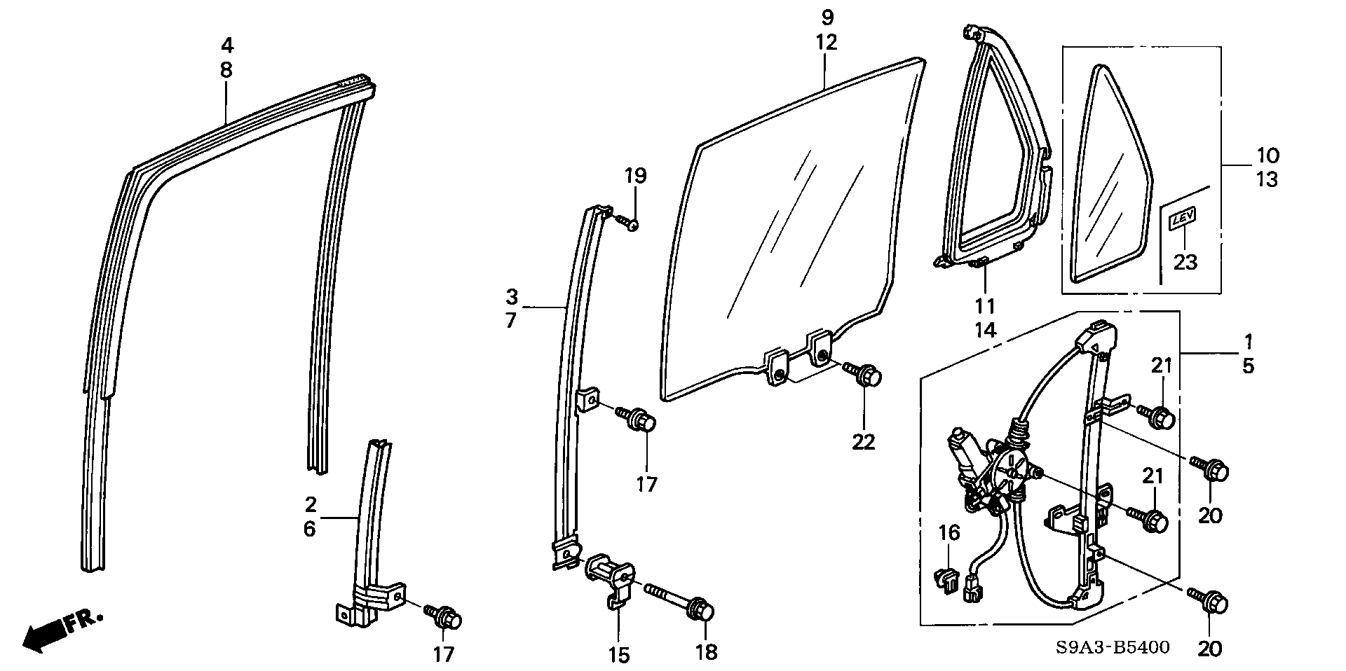 Diagram REAR DOOR WINDOWS @REGULATOR for your 1990 Honda Accord Coupe 2.2L MT LX 