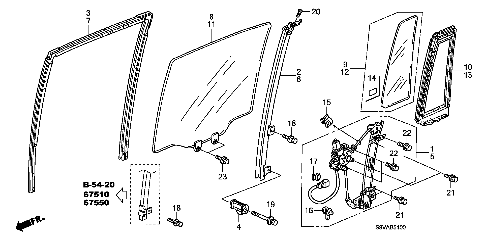 Diagram REAR DOOR GLASS@DOOR REGULATOR for your 2008 Honda Pilot 3.5L VTEC V6 AT 2WD EX 