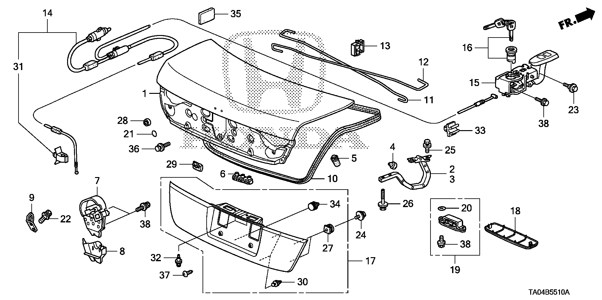 Diagram TRUNK LID (1) for your 1990 Honda Accord Coupe 2.2L MT LX 