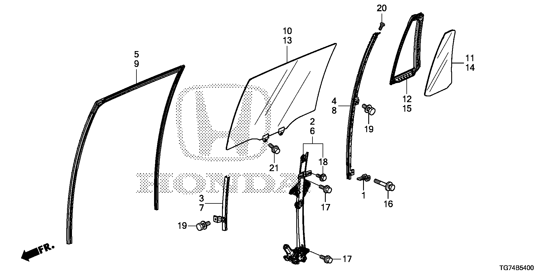 Diagram REAR DOOR GLASS@DOOR REGULATOR for your 2019 Honda Pilot   