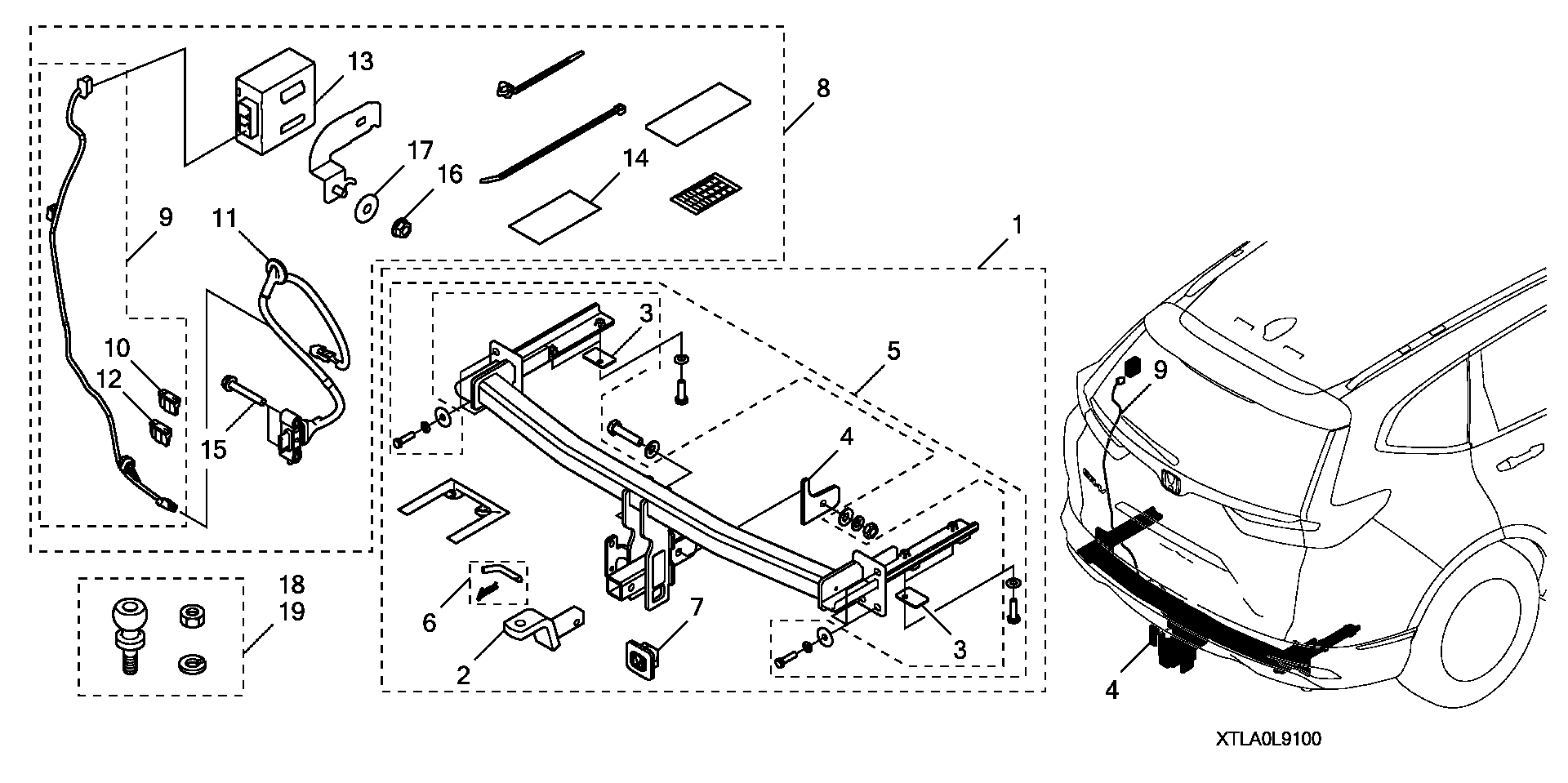 Diagram TRAILER HITCH, HARNESS & BALL for your 1990 Honda Accord Coupe 2.2L MT LX 