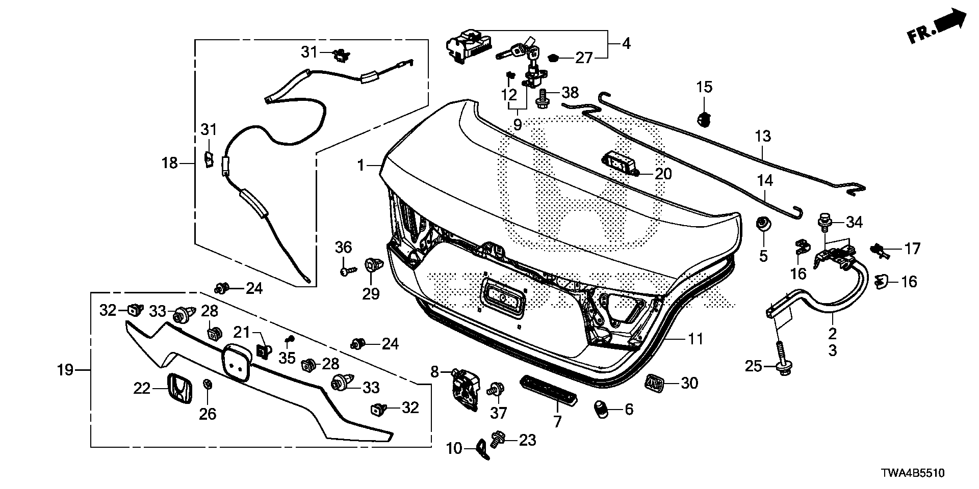 Honda Accord Spring, l. Trunk opener. Body, lid - 74872-TVA-A00 | Honda ...