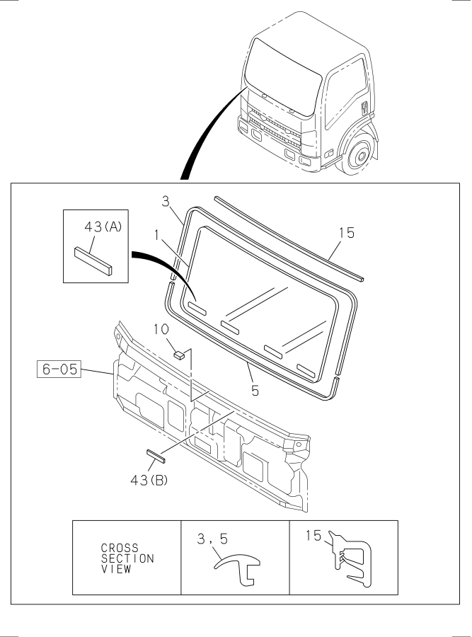 Diagram FRONT WINDOW GLASS AND WEATHERSTRIP for your Isuzu