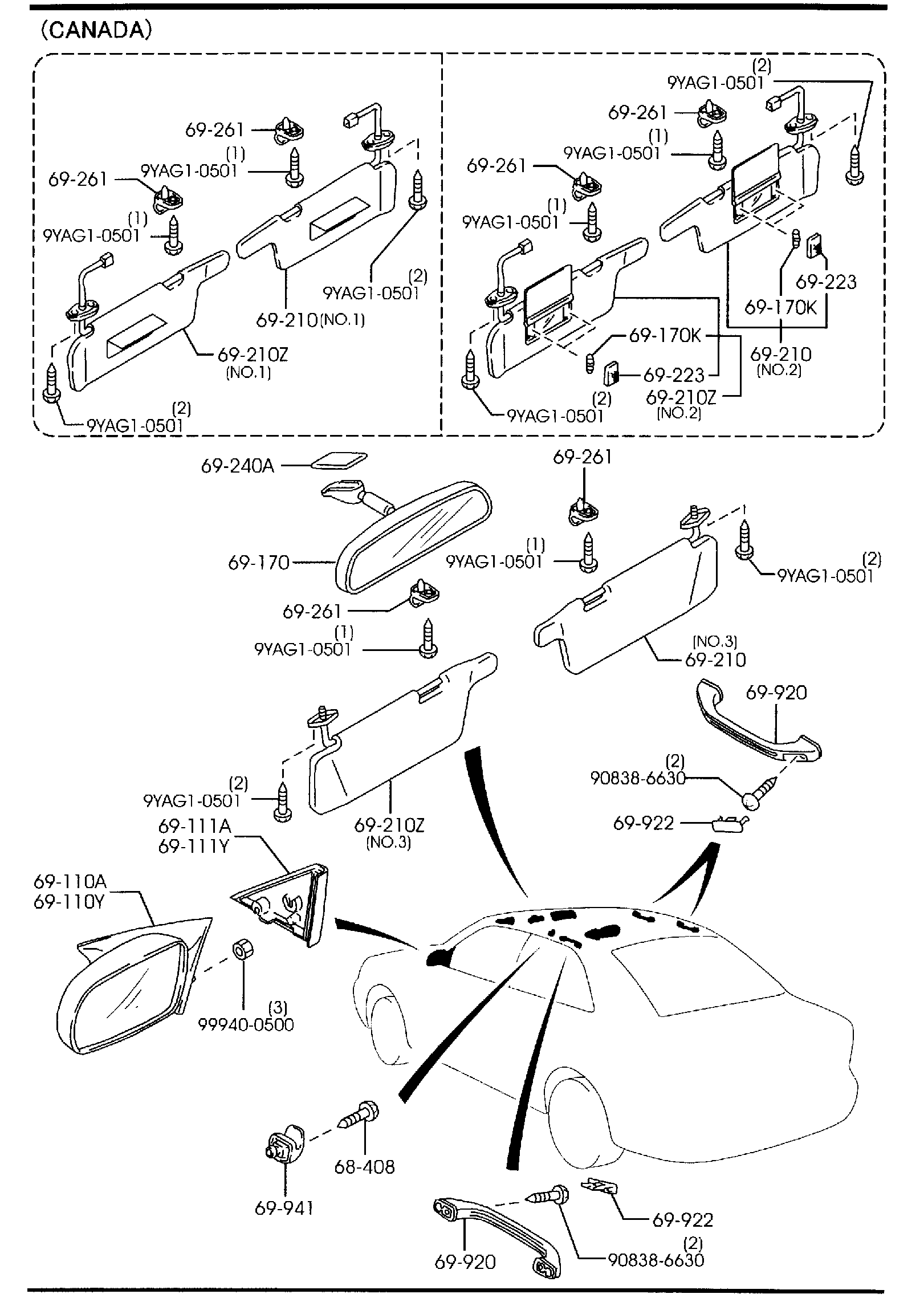 Diagram VISORS,ASSIST HANDLES & MIRRORS for your 1992 Mazda MX-6   