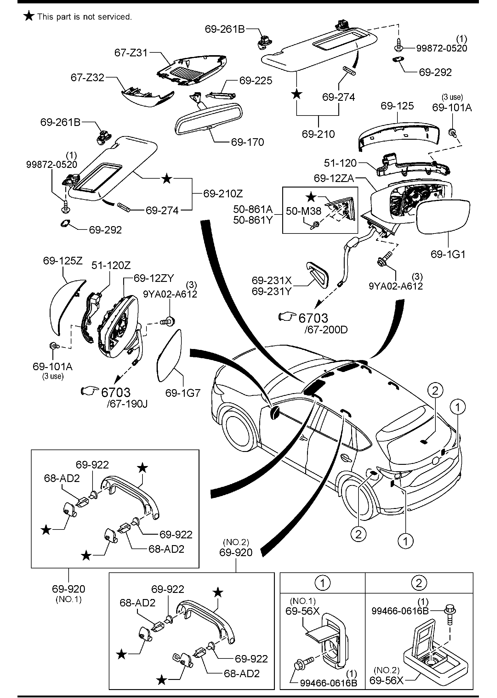 Diagram SUN VISORS, ASSIST HANDLE & MIRRORS for your Mazda