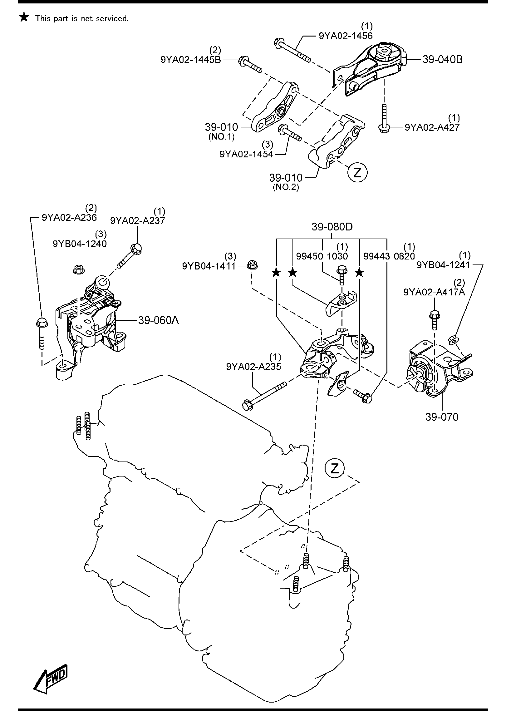 Diagram ENGINE & T/MISSION MOUNTINGS (AT)(4WD) for your 2011 Mazda Mazda3   