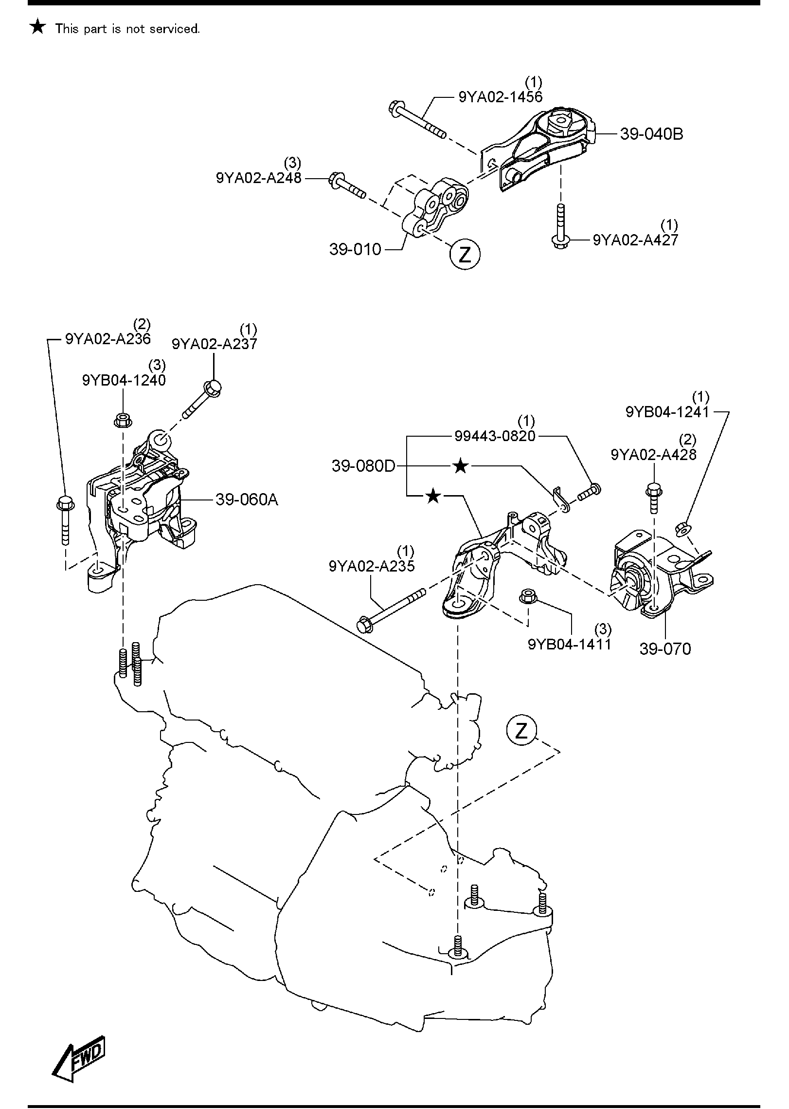 Diagram ENGINE & T/MISSION MOUNTINGS (MT) for your 2012 Mazda Mazda3 2.0L MT 2WD HATCHBACK ITR 