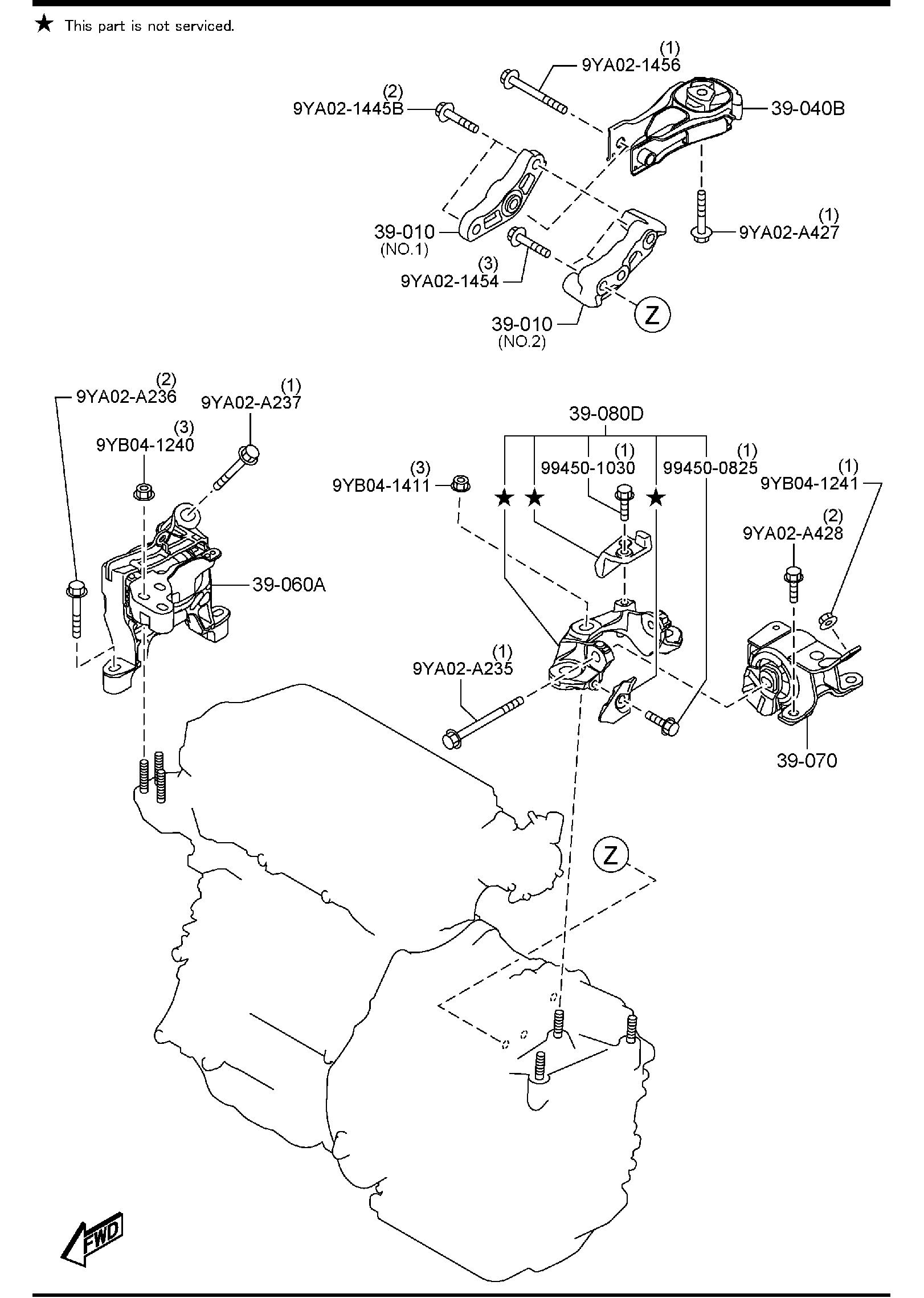 Diagram ENGINE & T/MISSION MOUNTINGS (4WD) for your 2011 Mazda Mazda3   