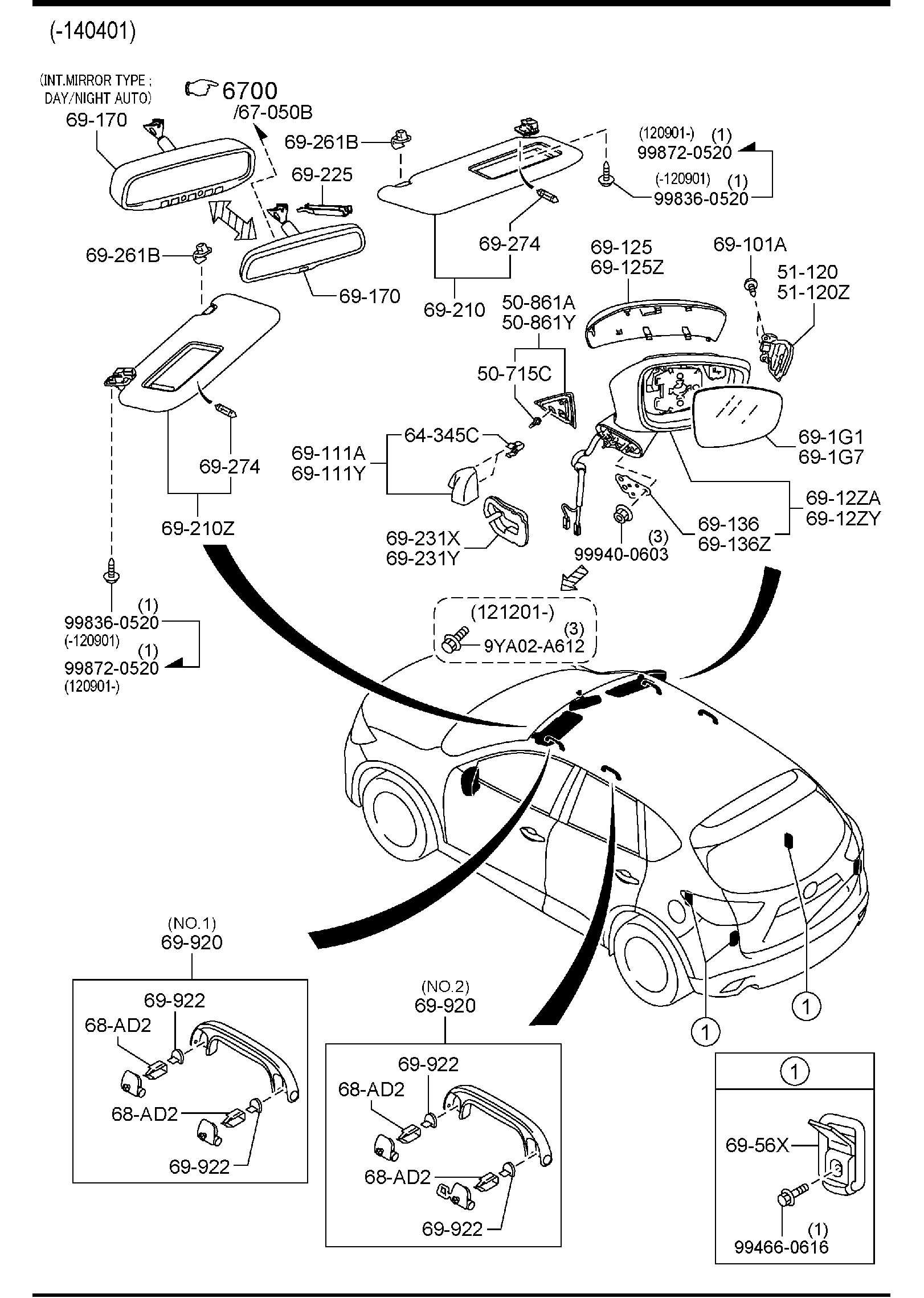 Diagram SUN VISORS, ASSIST HANDLE & MIRRORS for your Mazda