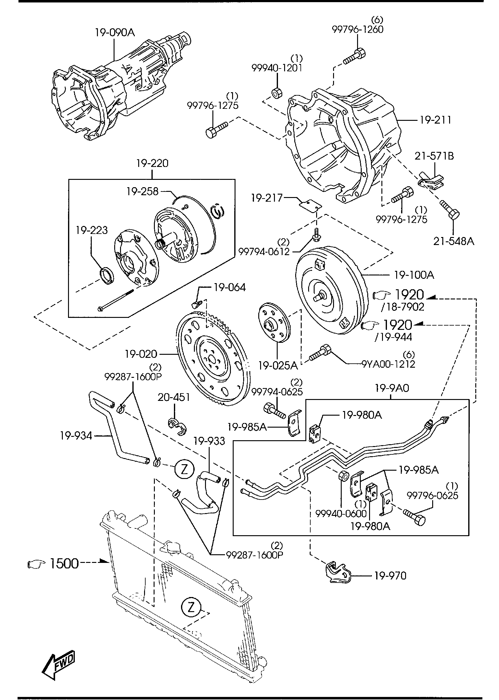 Diagram AUTOMATIC TRANSMISSION TORQUE CONVERTER, OIL PUMP & PIPINGS for your 1993 Mazda 323  SEDAN DX 