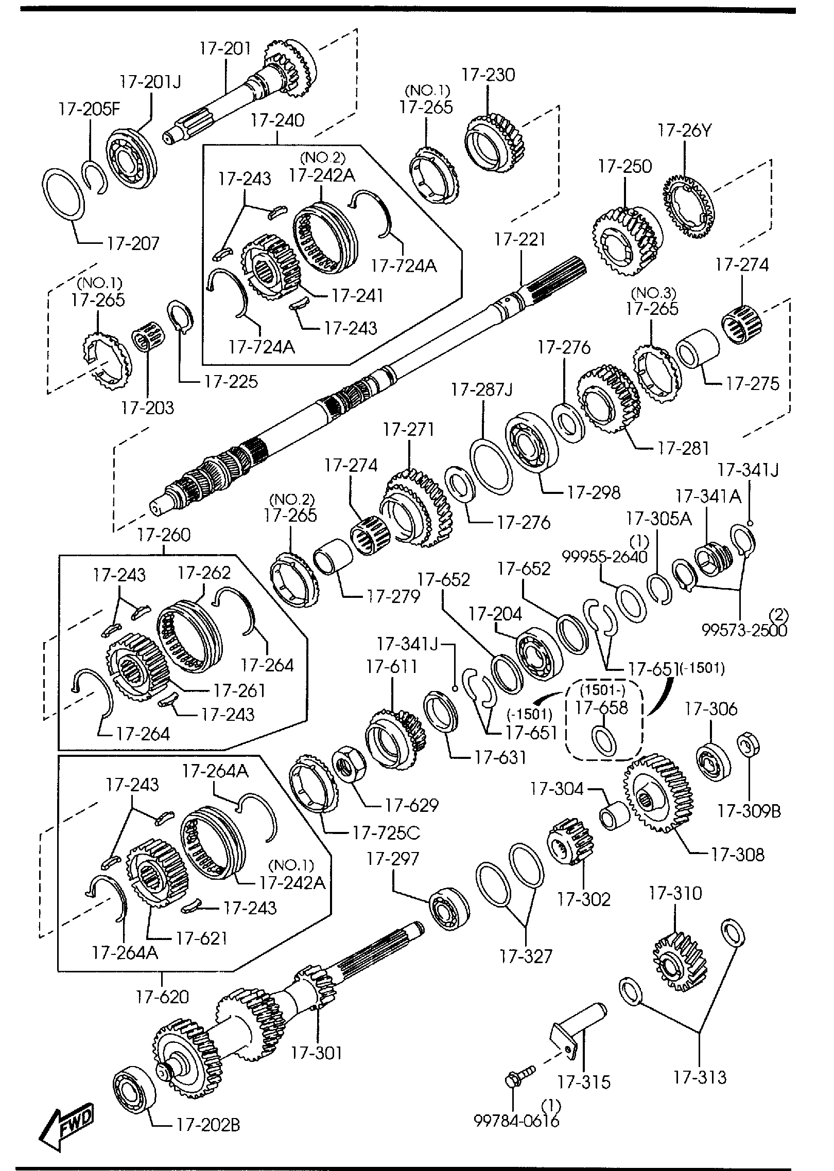 Diagram MANUAL TRANSMISSION GEARS (5-SPEED) for your 2001 Mazda MX-5 Miata   