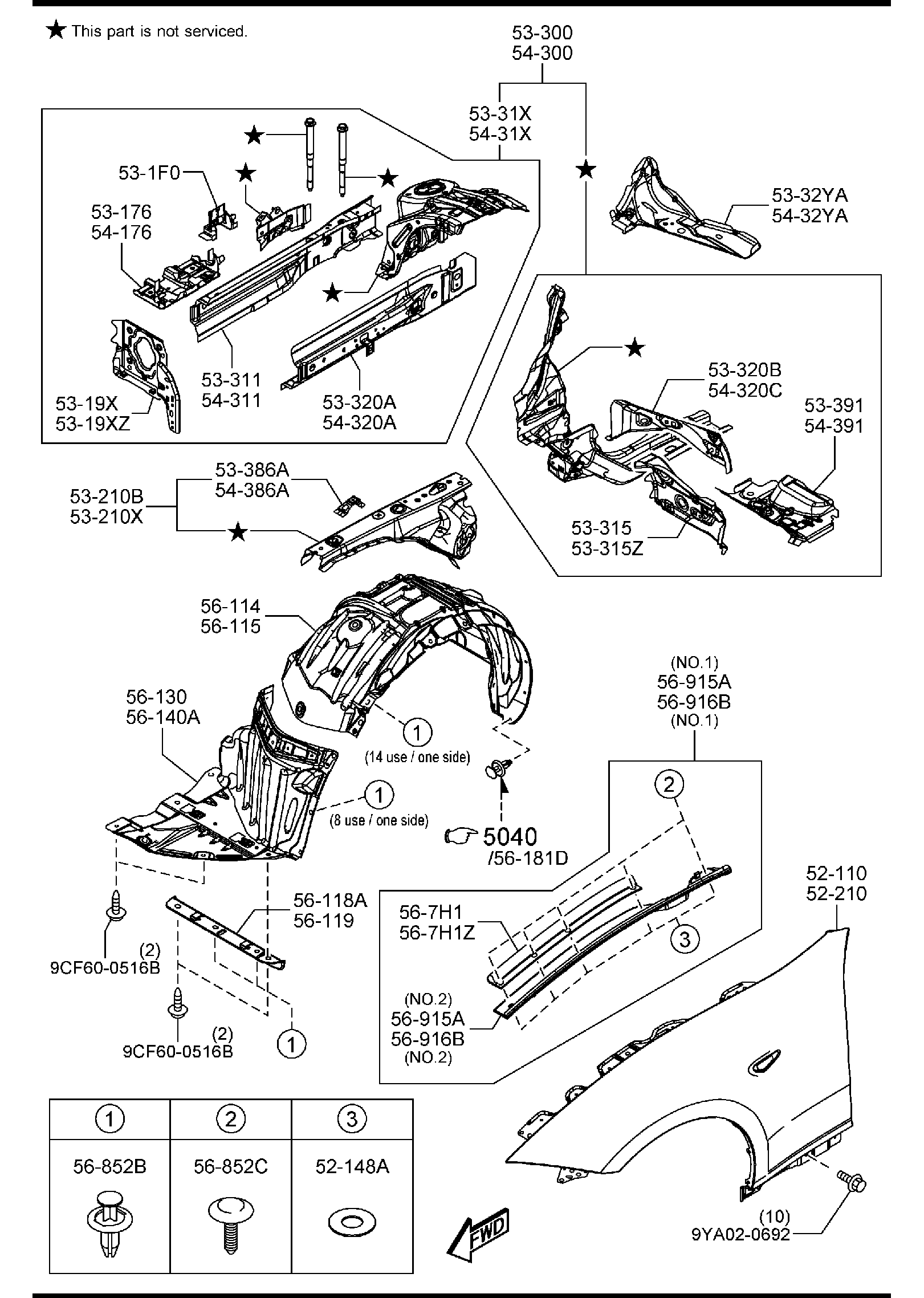 Diagram FENDER & WHEEL APRON PANELS for your 2023 Mazda Mazda3   