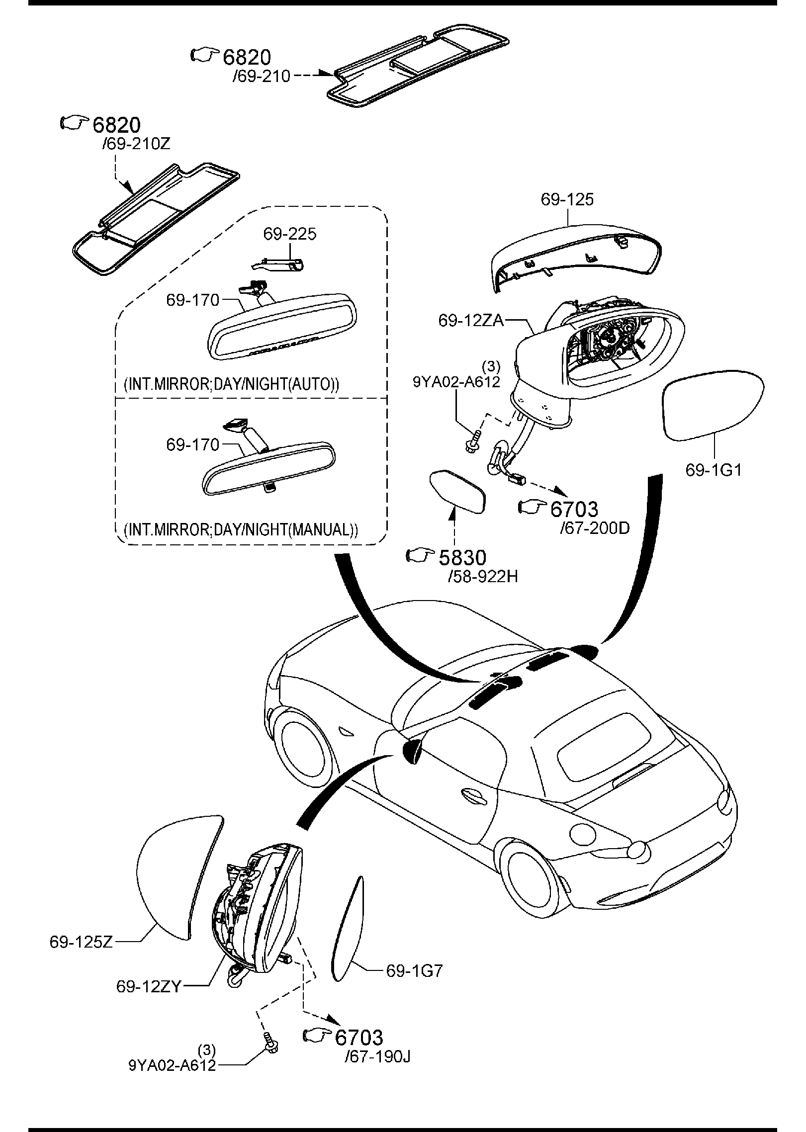 Diagram SUN VISORS, ASSIST HANDLES & MIRRORS for your 2011 Mazda MX-5 Miata 2.0L MT Grand Touring 