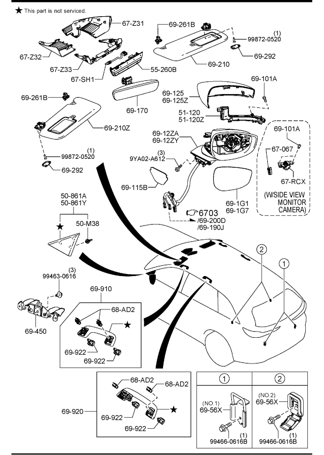 Diagram SUN VISORS, ASSIST HANDLE & MIRRORS for your 2009 Mazda Tribute   