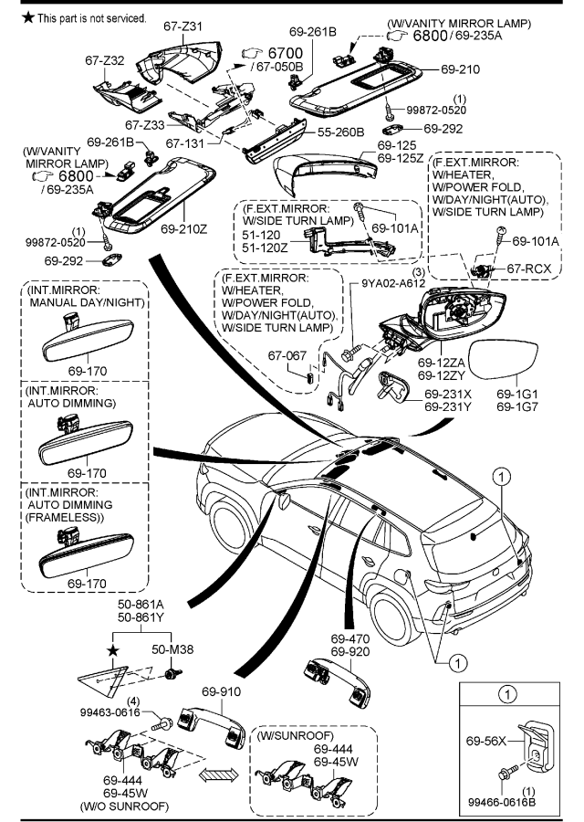 Diagram SUN VISORS, ASSIST HANDLE & MIRRORS for your 2006 Mazda Mazda3   