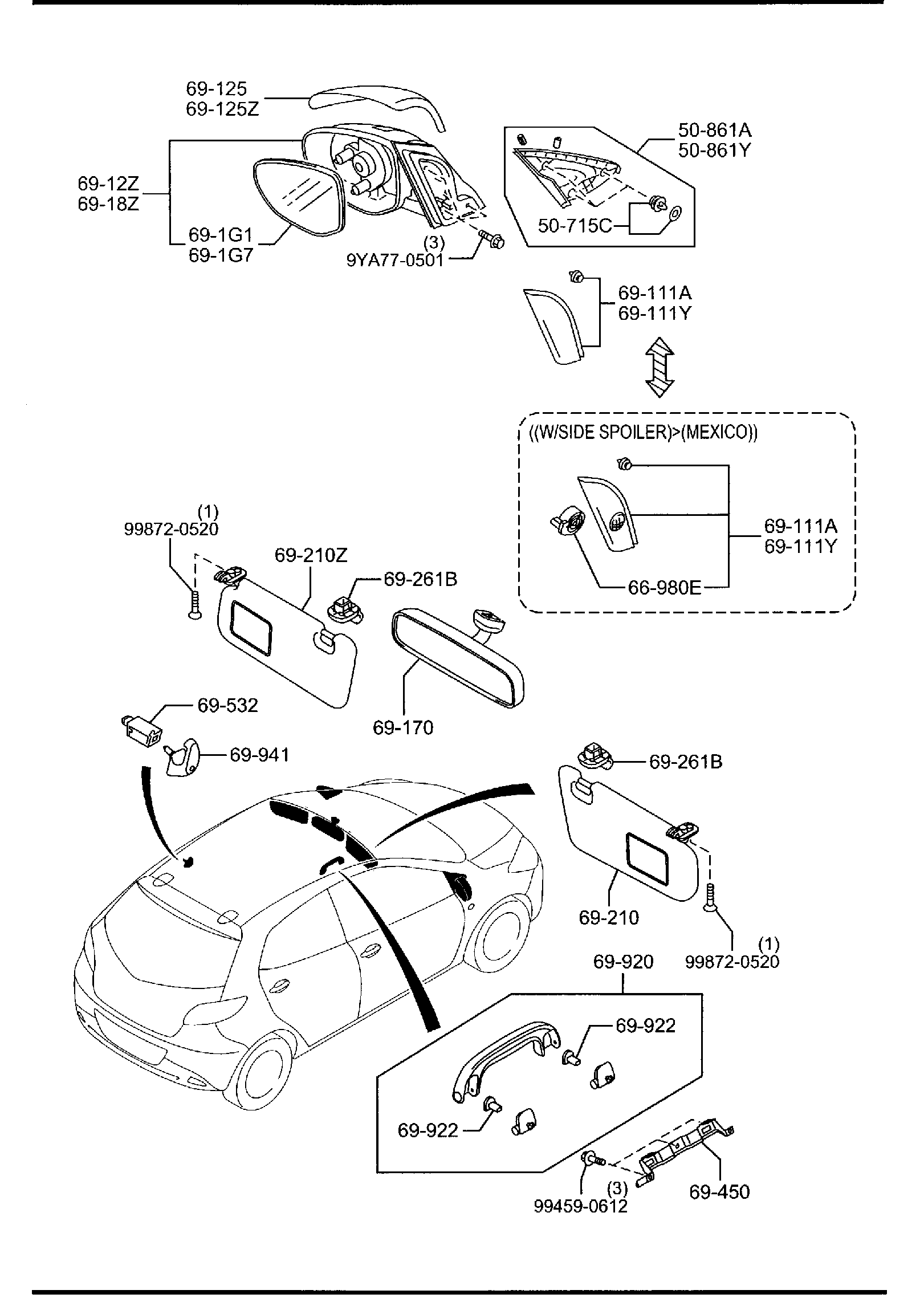 Diagram SUN VISORS, ASSIST HANDLE & MIRRORS for your 2007 Mazda MX-5 Miata   