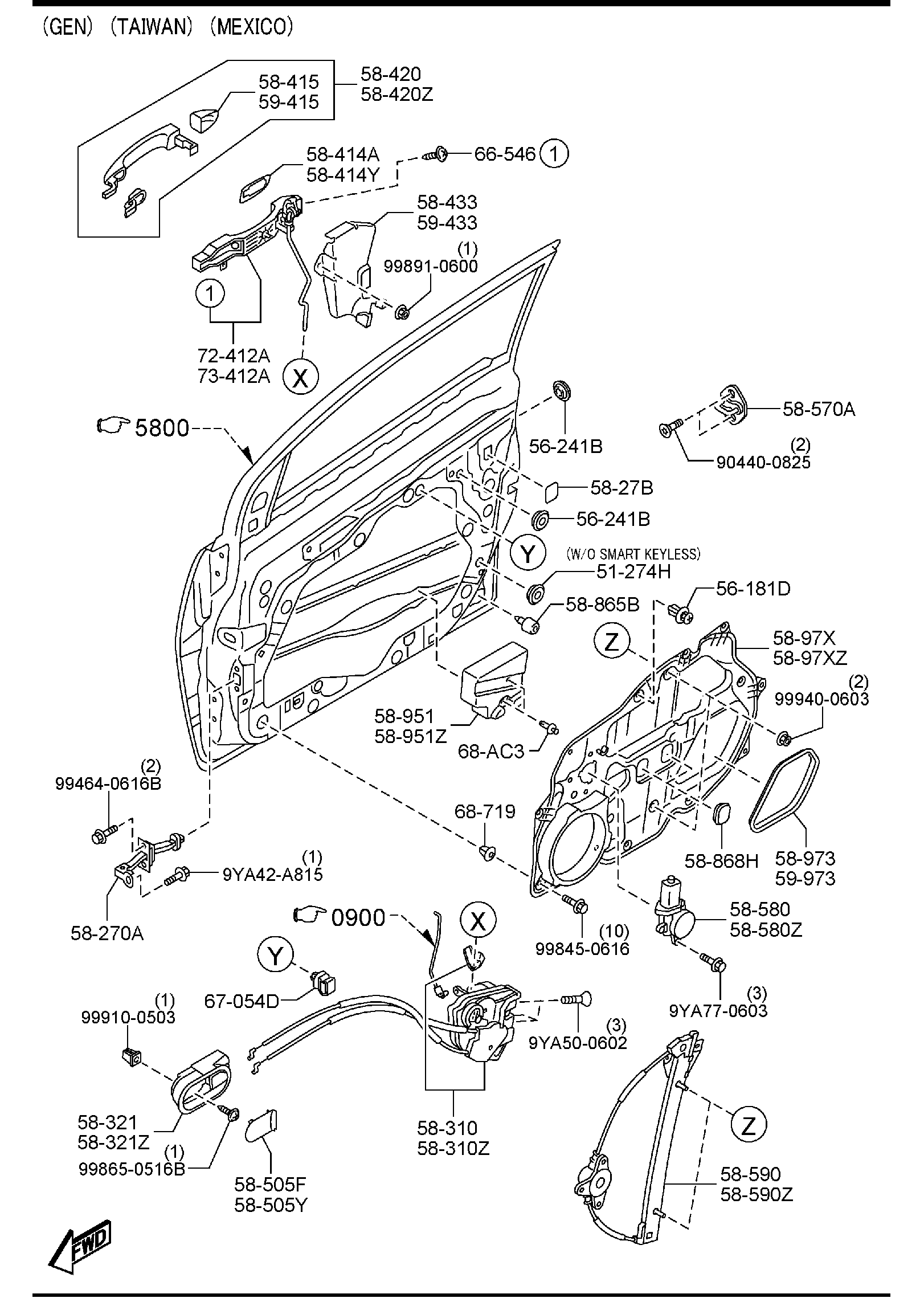 Diagram FRONT DOOR MECHANISMS for your Mazda