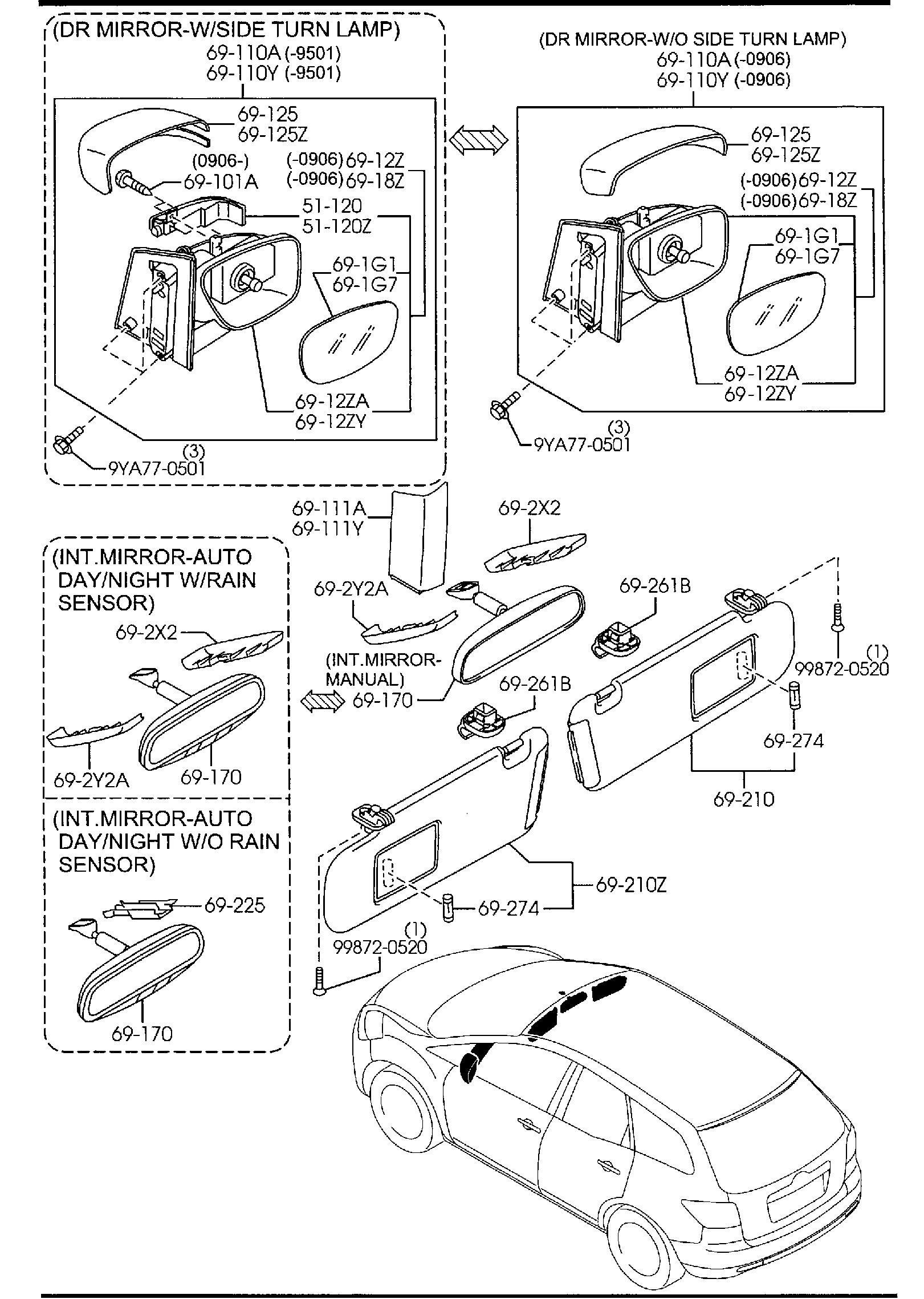 Diagram SUN VISORS, ASSIST HANDLE & MIRRORS for your Mazda