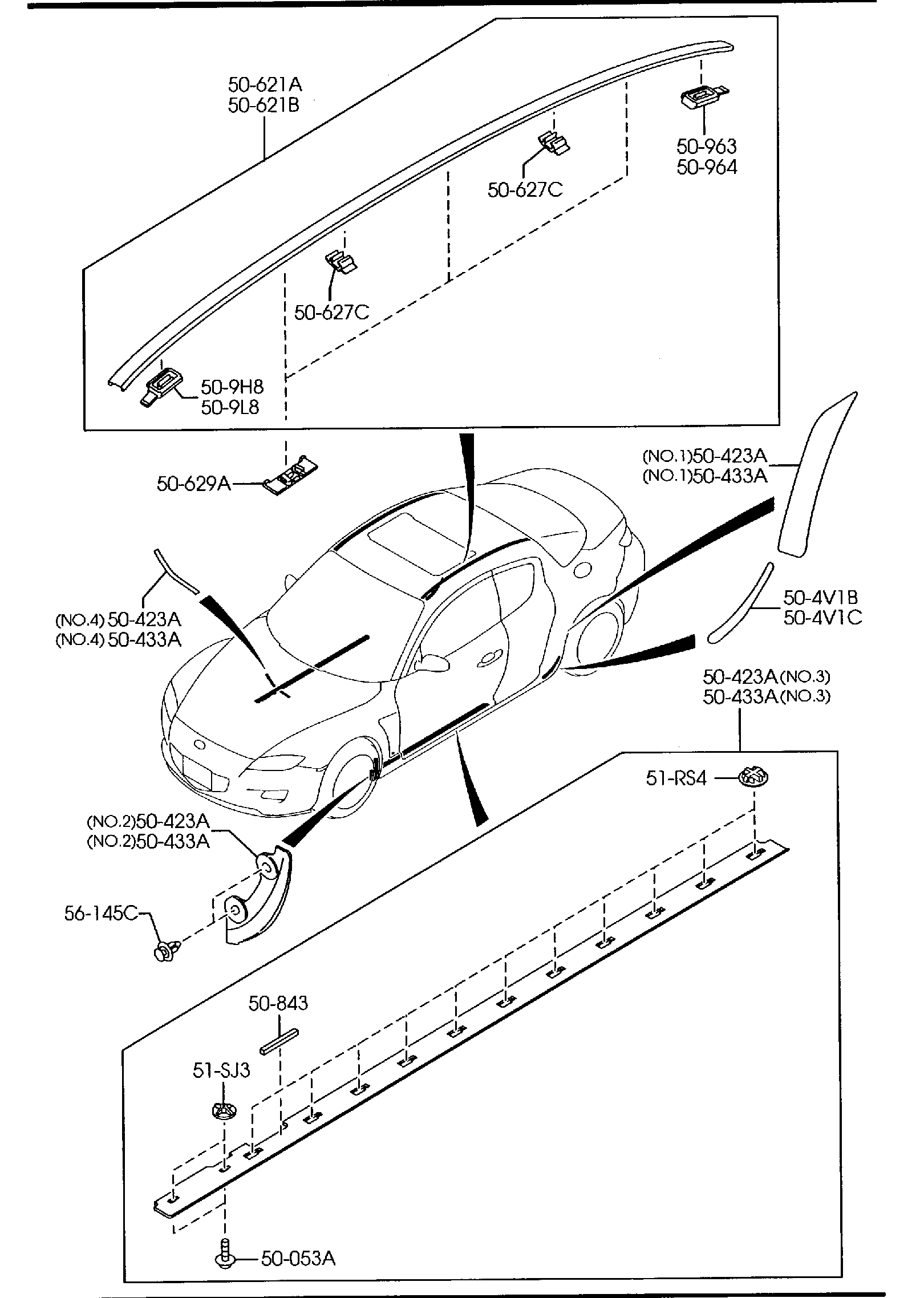 Diagram BODY MOULDINGS for your 1995 Mazda