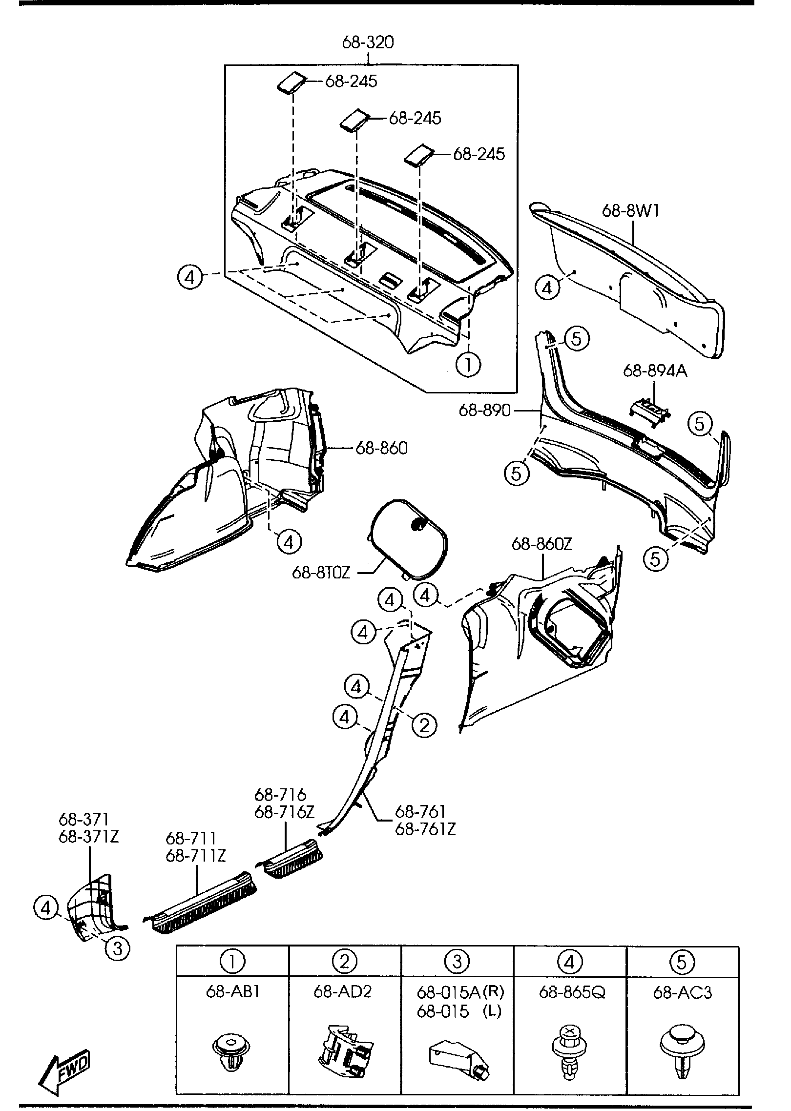 Diagram TRIMS & SCUFF PLATES (4-DOOR) for your Mazda