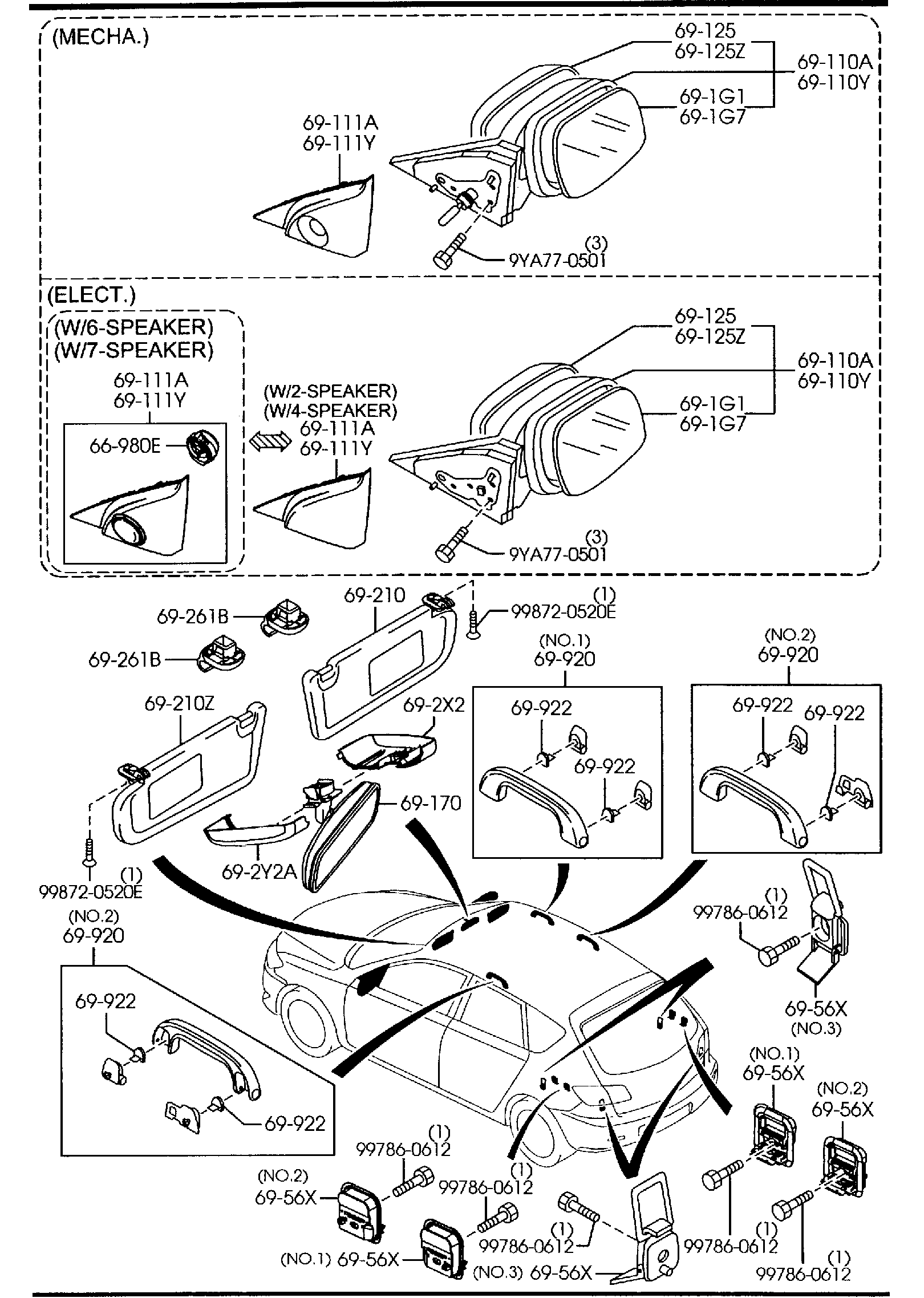 Diagram VISORS,ASSIST HANDLES & MIRRORS (5-DOOR) for your Mazda