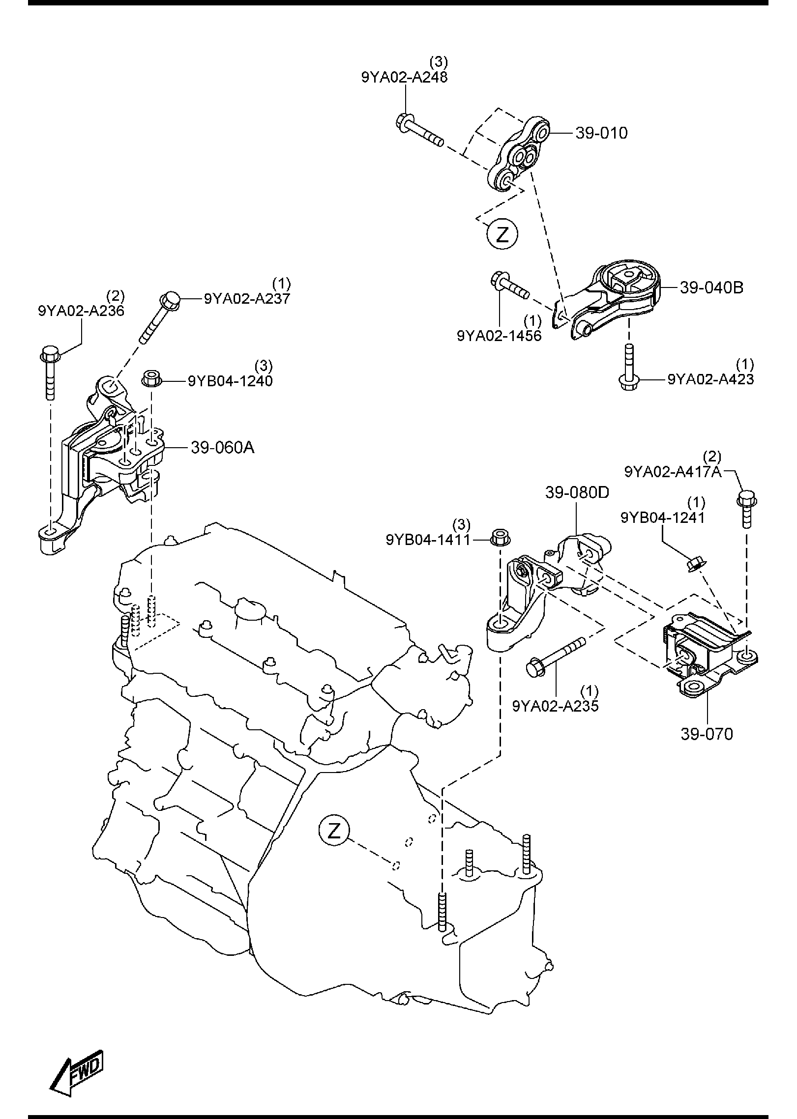 Diagram ENGINE & TRANSMISSION MOUNTINGS (MANUAL TRANSMISSION) for your 2009 Mazda MX-5 Miata   