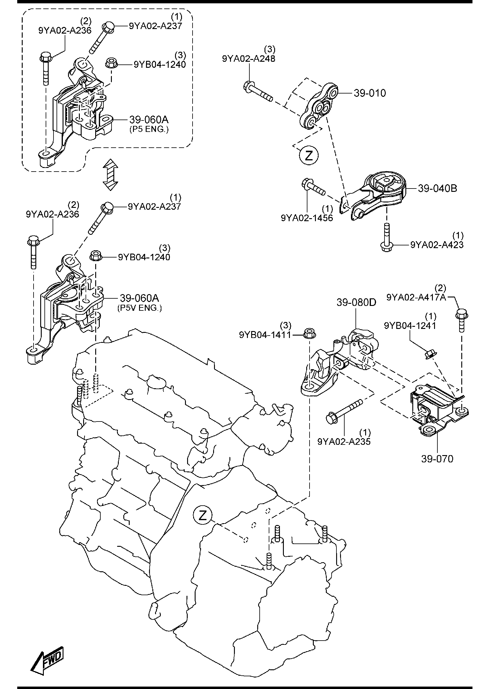 Diagram ENGINE & TRANSMISSION MOUNTINGS (AUTOMATIC TRANSMISSION) for your 2005 Mazda MX-5 Miata   