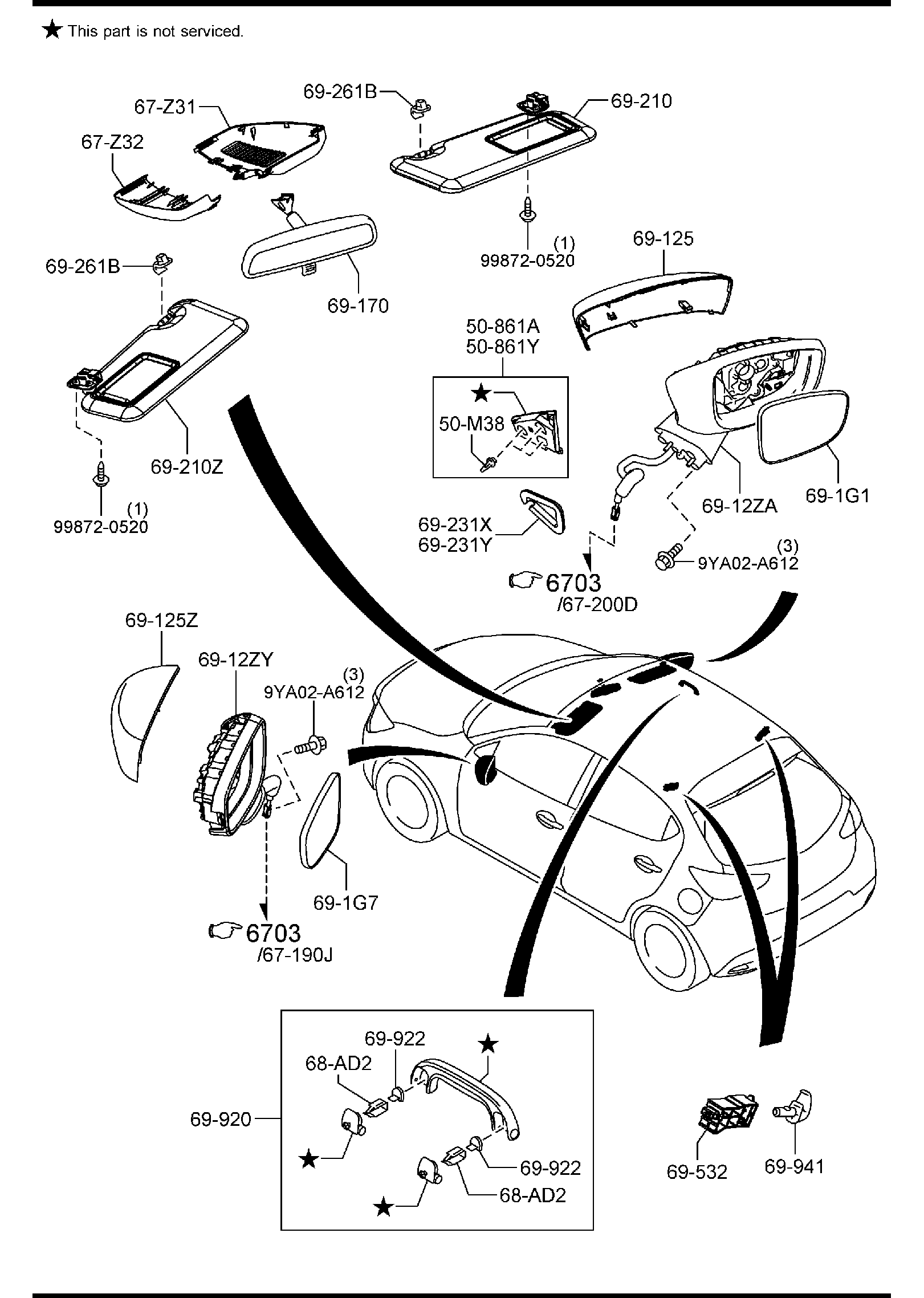 Diagram SUN VISORS, ASSIST HANDLE & MIRRORS for your 2007 Mazda MX-5 Miata   