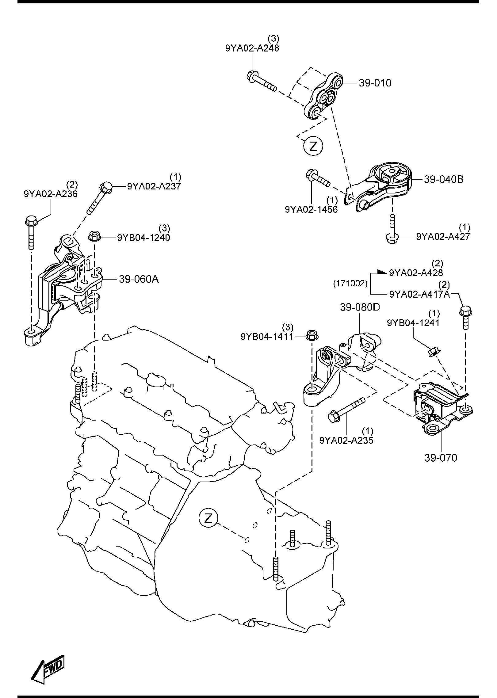 Diagram ENGINE & TRANSMISSION MOUNTINGS (MANUAL TRANSMISSION) for your 2014 Mazda MX-5 Miata   