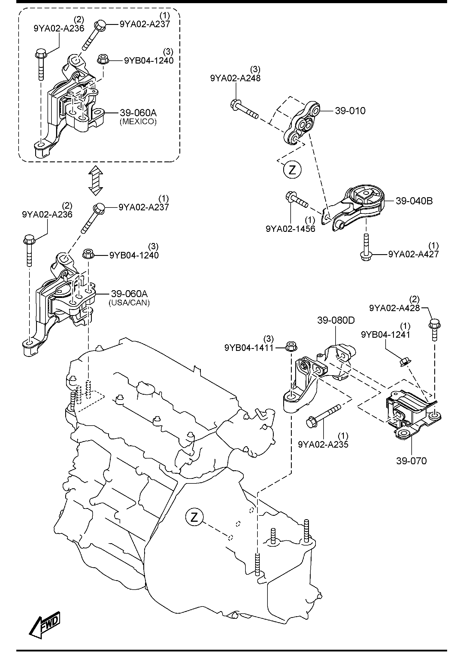 Diagram ENGINE & TRANSMISSION MOUNTINGS (MANUAL TRANSMISSION) for your 2011 Mazda MX-5 Miata   